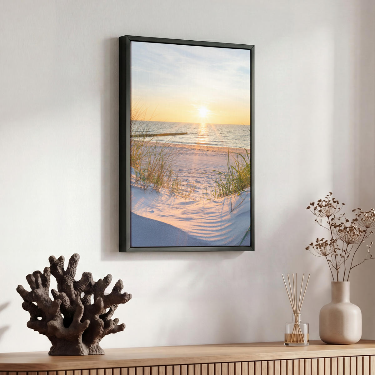 LEINWAND Bilder mit Rahmen - Strand - Sonne - Düne - Gras - Sand - Horizont - 30x40 - Hellblau, Textil (30/40cm) - MuchoWow