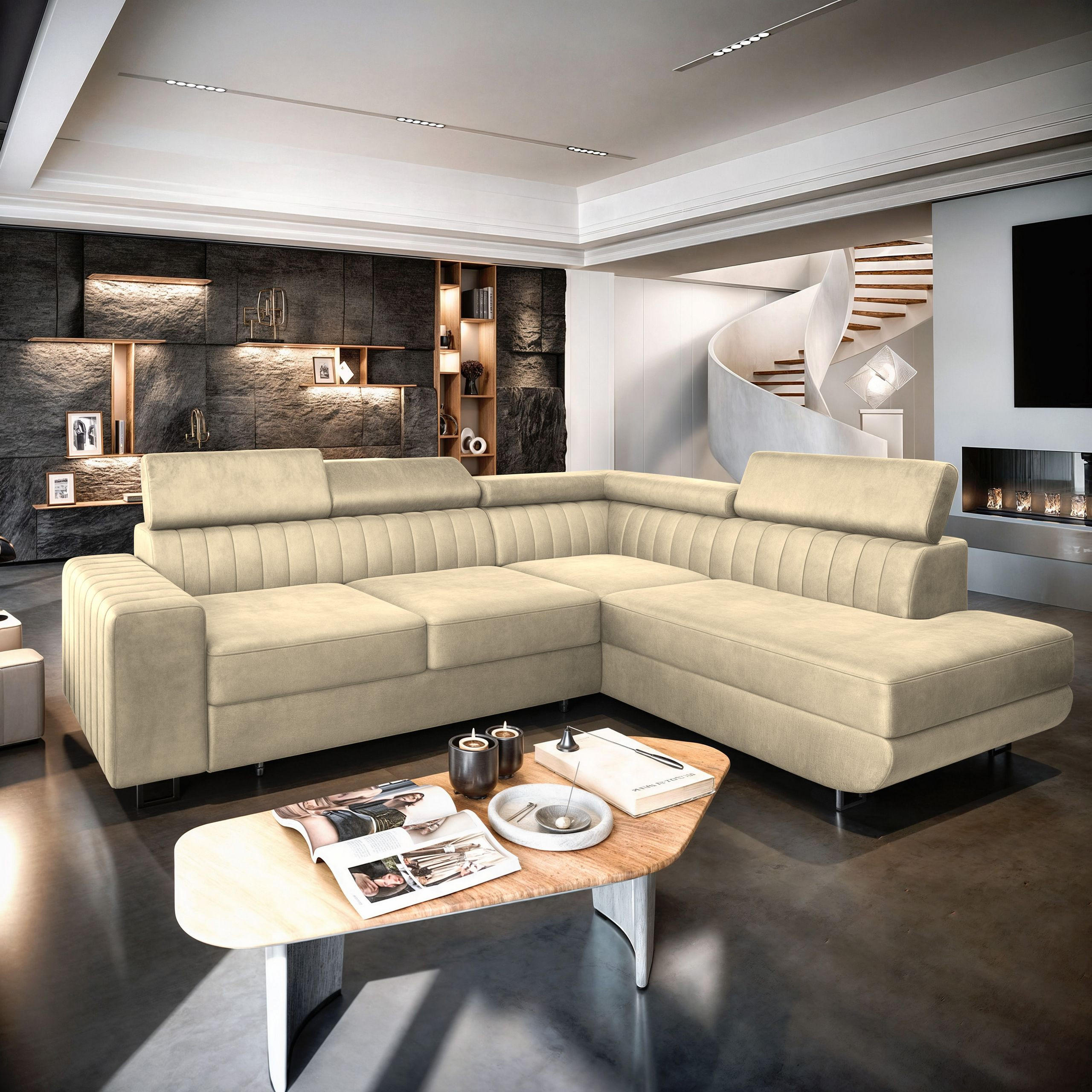 ECKSOFA NOLA R-S Creme Velours-Stoff mit Schlaffunktion - Creme, Holz (253/190cm) - MASSENO