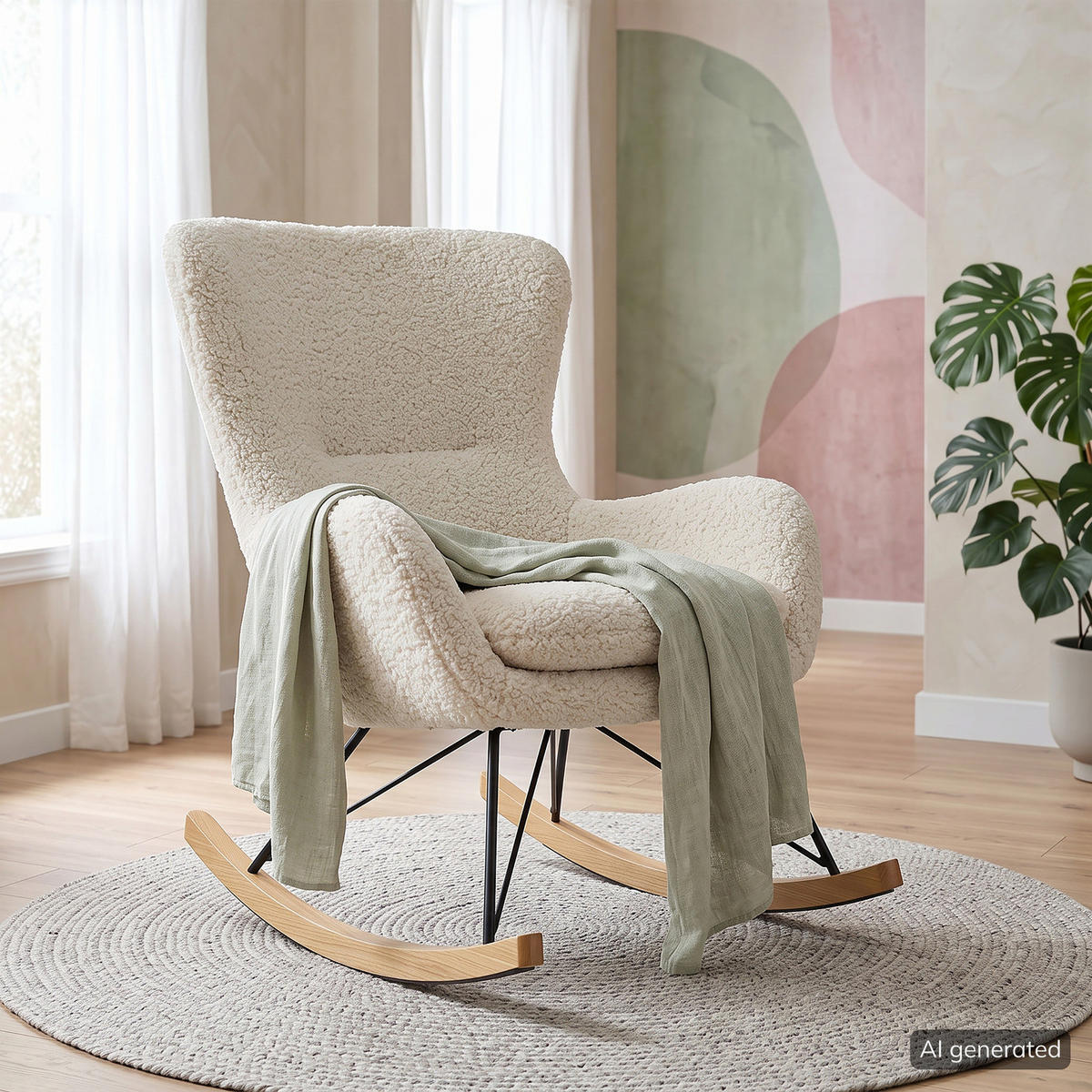 SCHAUKELSTUHL - Teddystoff - Hellbraun/Weiß, Holz/Textil (76/103/100cm) - home24