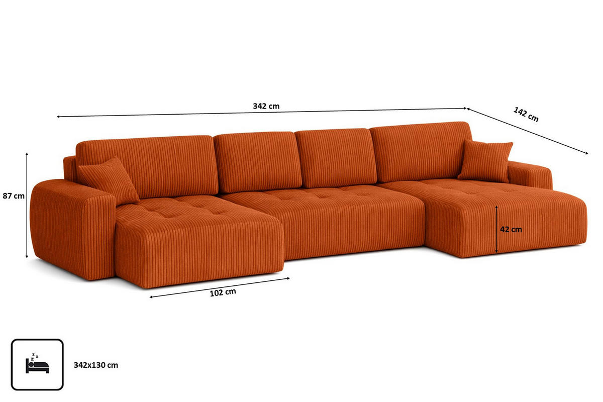 ECKSOFA Mit Schlaffunktion Und Bettkasten U-Form Ivo U, Cordstoff Poso, Kupfer - Orange, Holz (342/142cm) - Kaiser Möbel