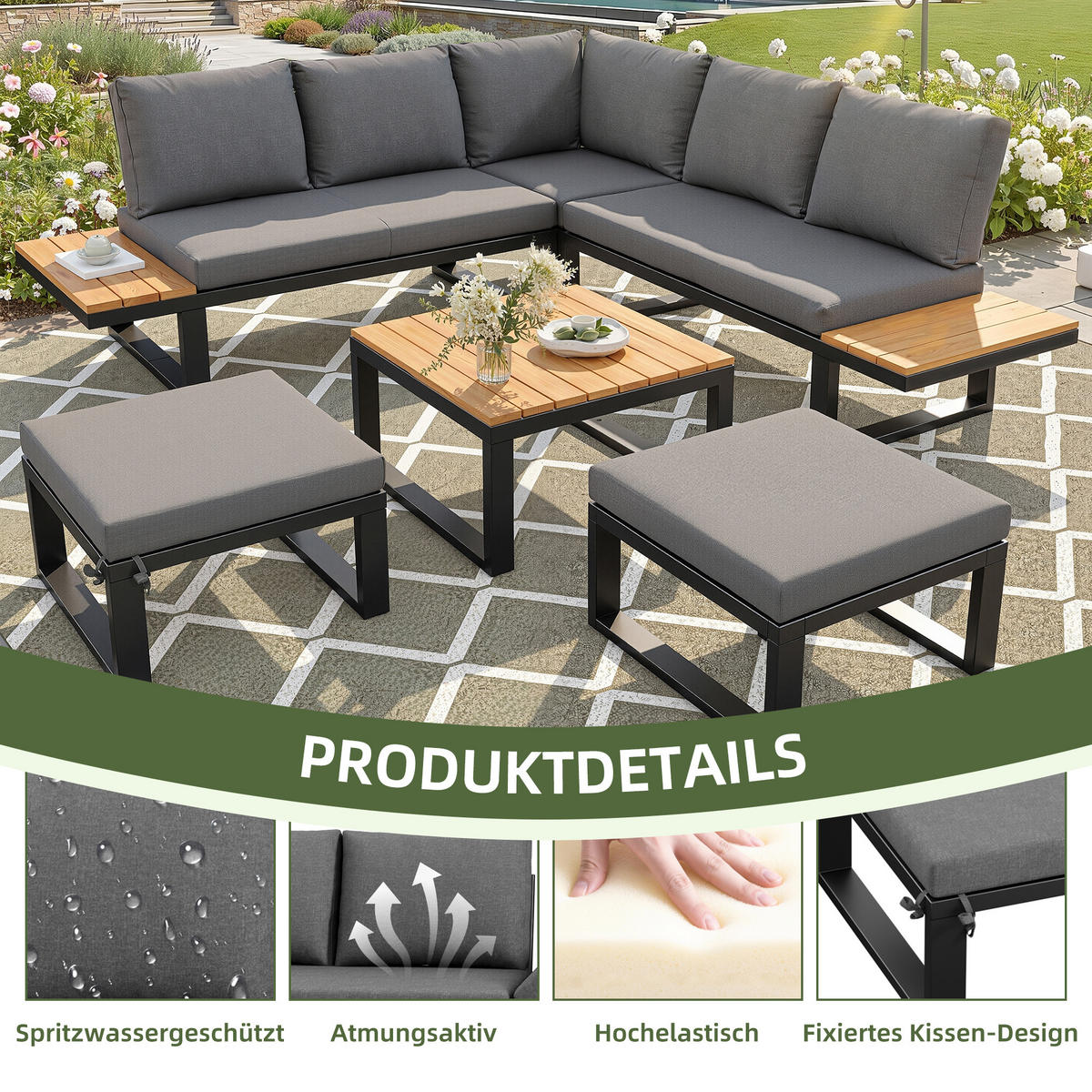 GARTENLOUNGE 6tlg Grau Beige Ecksofa Tisch Hocker verstellbar - Grau, Metall - FLIEKS