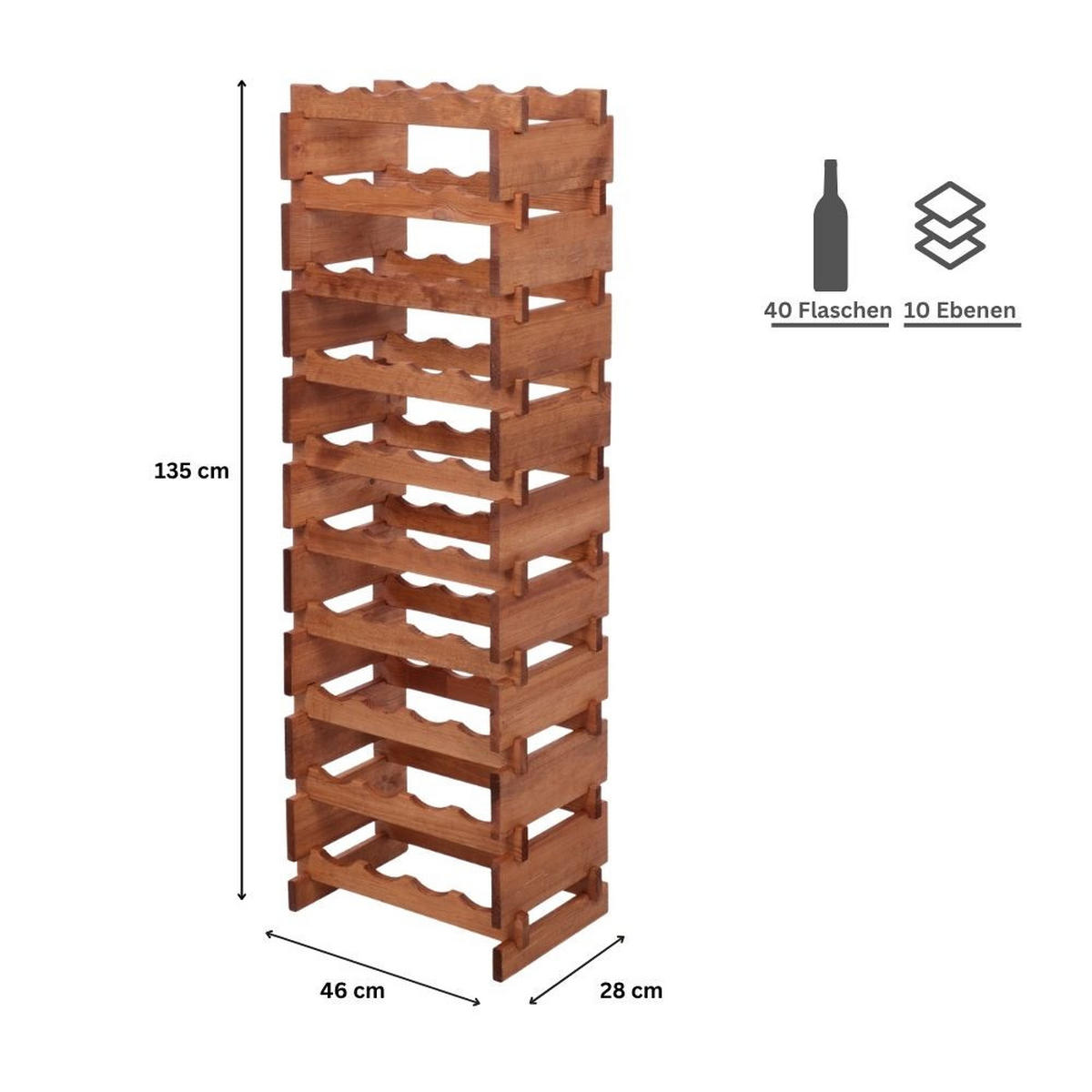WEINREGAL VINOTECA FLEX PRO HxBxT 135x46x28cm 40 Flaschen auf 10 Ebenen Braun geölt - Braun, Holz (46/135/28cm) - PROREGAL
