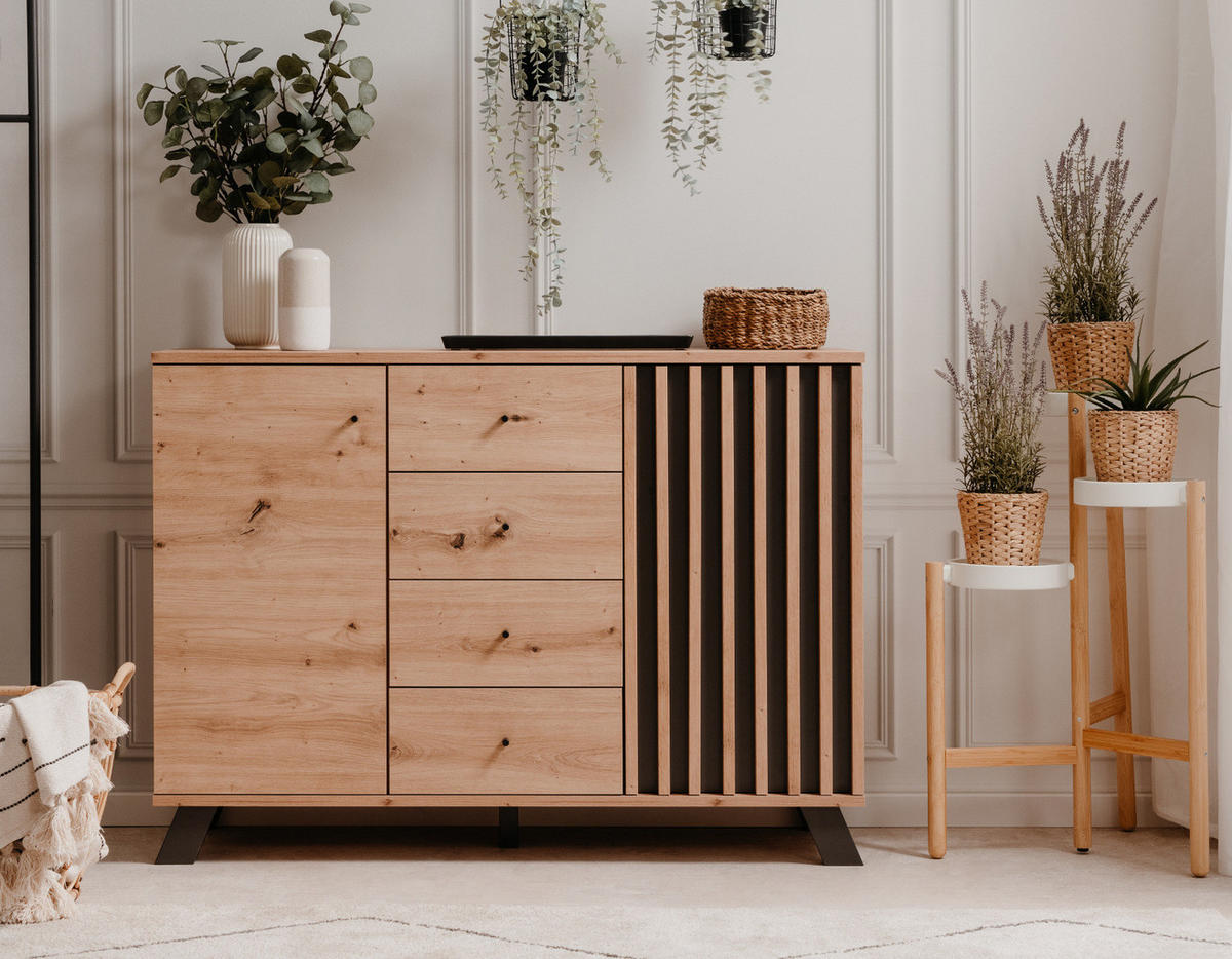 KOMMODE Eiche Artisan, grau 120 cm, Sideboard mit 3D-Lamellen - Anthrazit/Schwarz, Holzwerkstoff/Metall (120/85/38cm) - Furn.Design