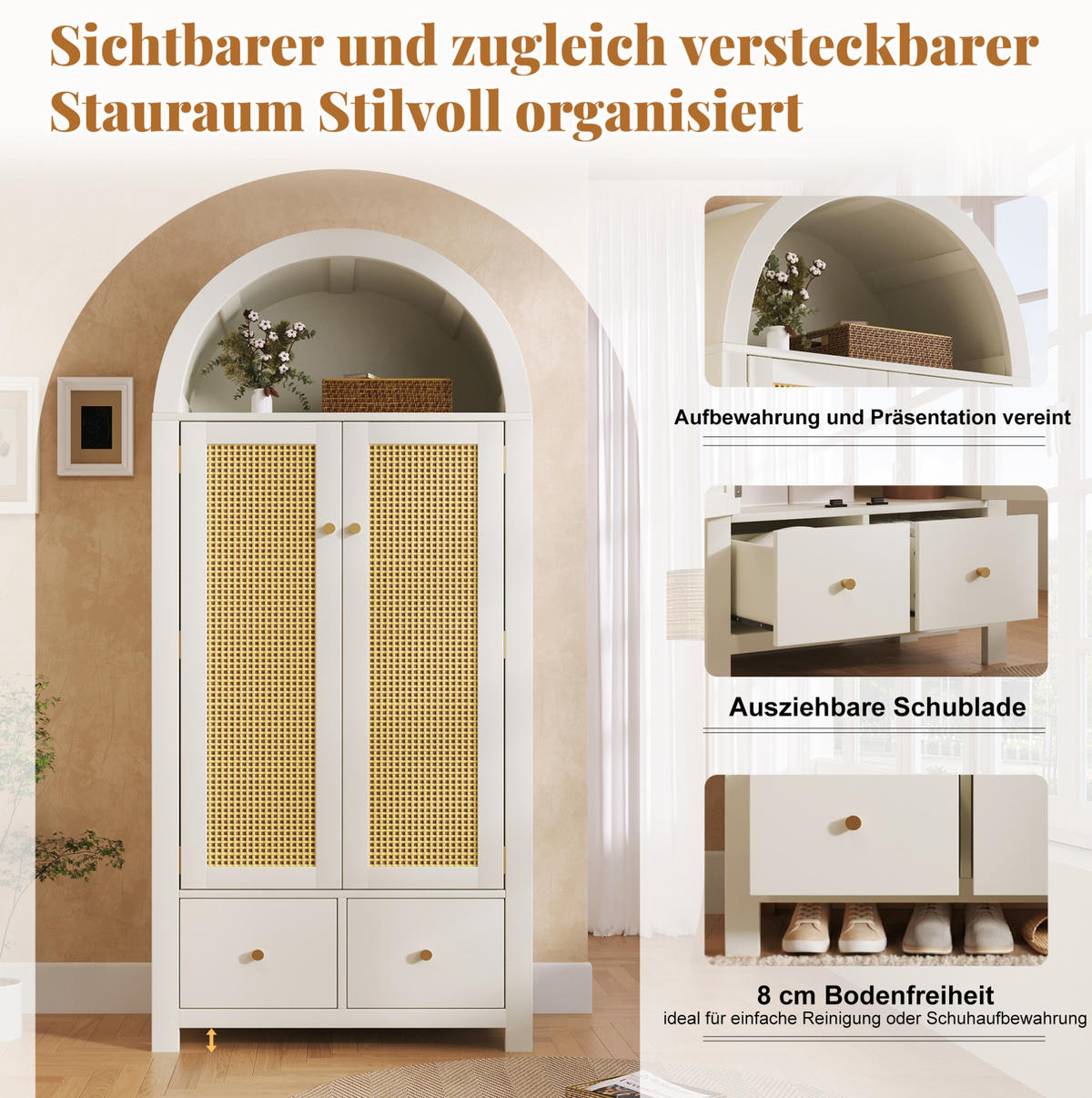KLEIDERSCHRANK aus Holz 45x78x181 cm Weiß mit Rattangeflecht, 2 Türen, 2 Schubladen und Kleiderstange - Weiß, Holzwerkstoff (78/181/45cm) - Modfu