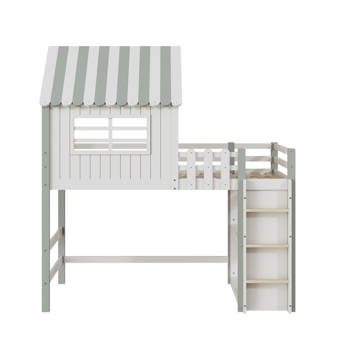 KINDERBETT 90/200 cm grün aus Massivholz mit Dachform Leiter und Lattenrost - Grün, Holzwerkstoff (90/200cm) - OKWISH