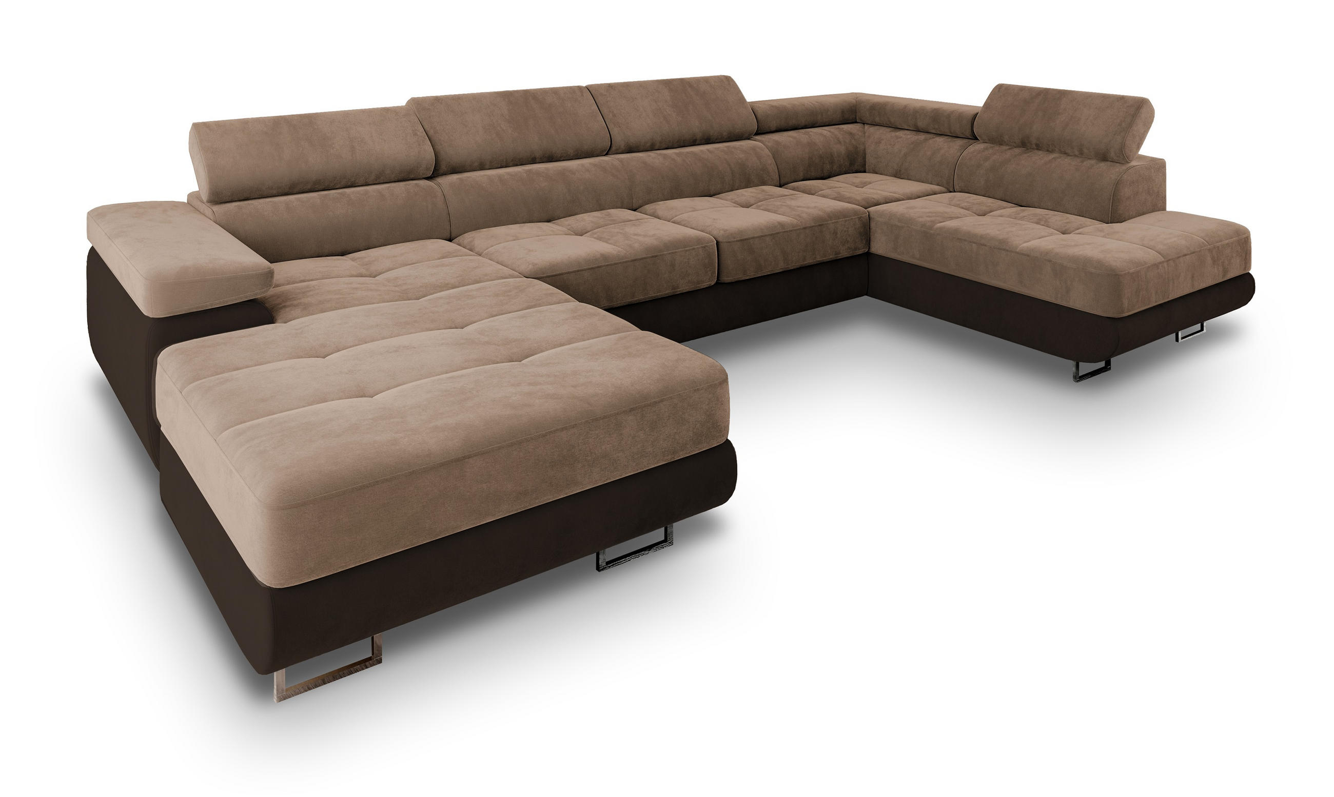 WOHNLANDSCHAFT CASONE R-S Beige Velours-Stoff mit Schlaffunktion - Beige, Holz (345/90/202cm) - MASSENO