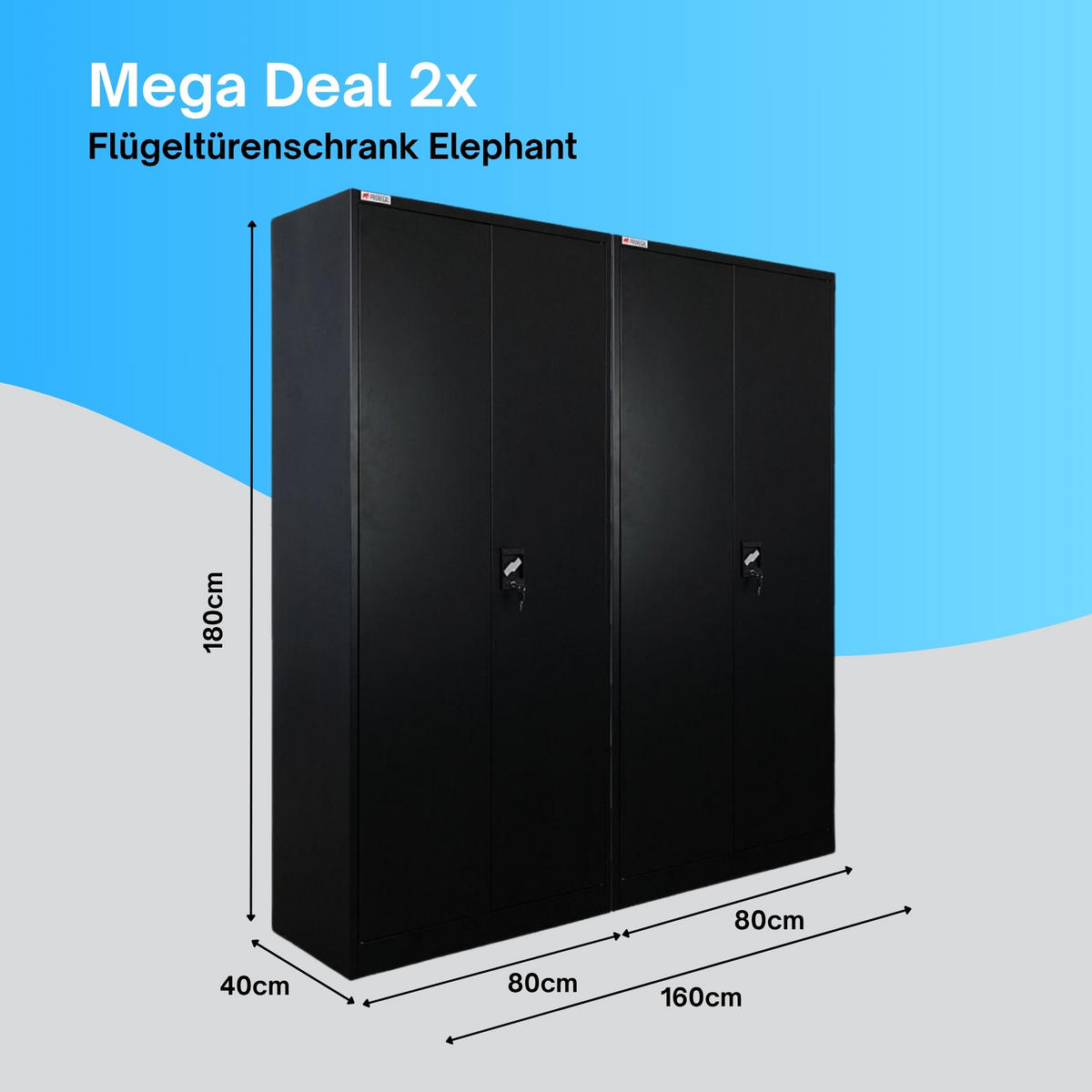FLÜGELTÜRENSCHRANK Elephant 2er-Set 180x80x40cm 6 Fächern & Kleiderstange Schwarz - Schwarz, Metall (160/180/40cm) - PROREGAL