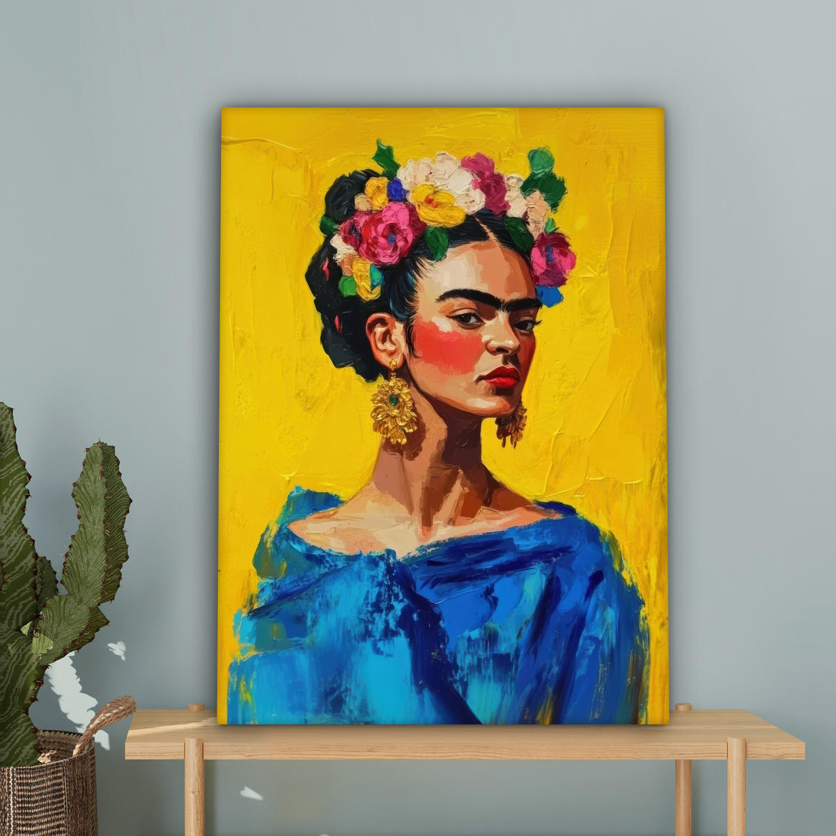 LEINWANDBILD Frida Kahlo - Frau - Gelb - Blau - Blumen 60x80 cm - Gelb, Textil (60/80cm) - MuchoWow