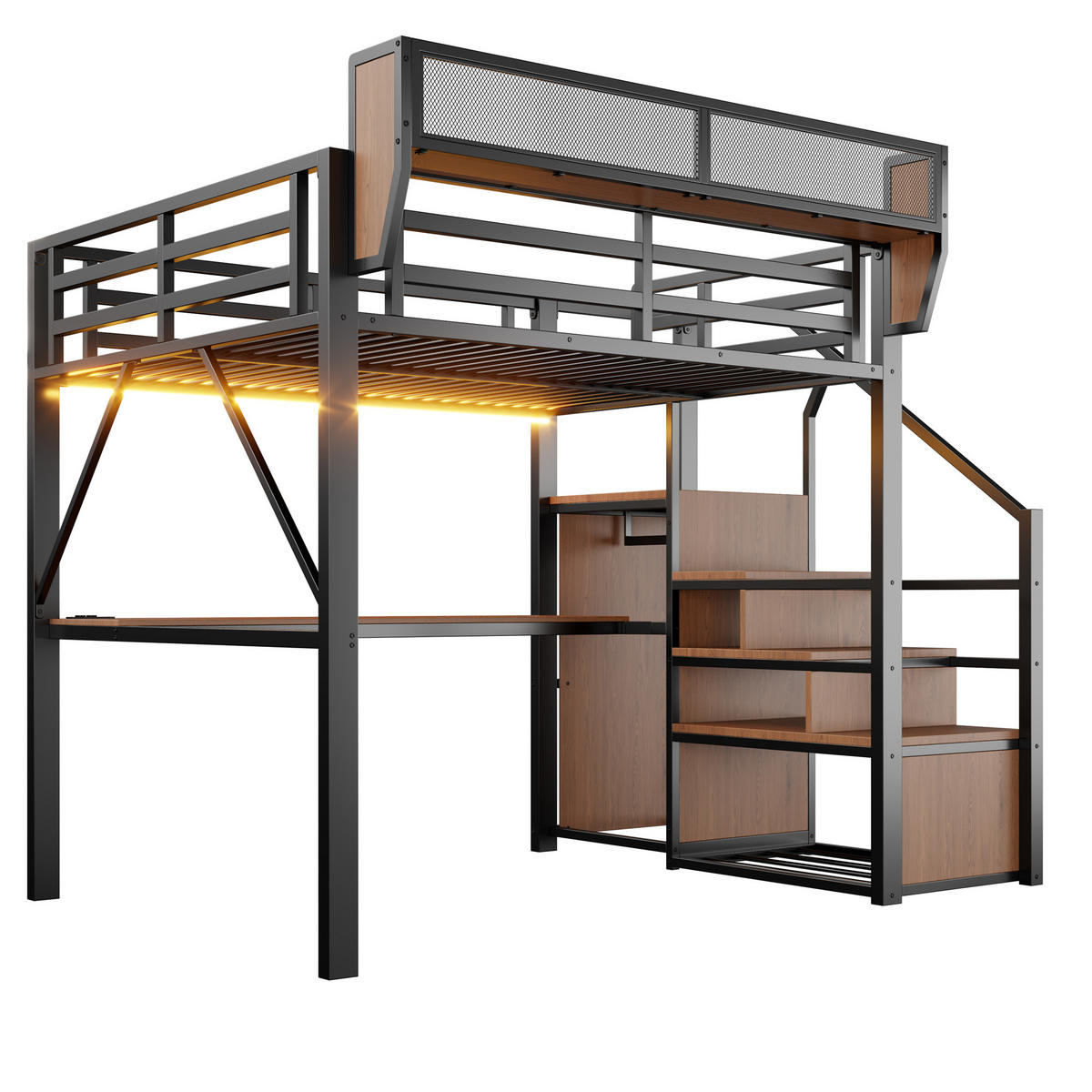 HOCHBETT 140/200 cm DE-32583 mit Schreibtisch, LED und Stauraum Schwarz - Schwarz, Metall (140/200cm) - ComfortXL