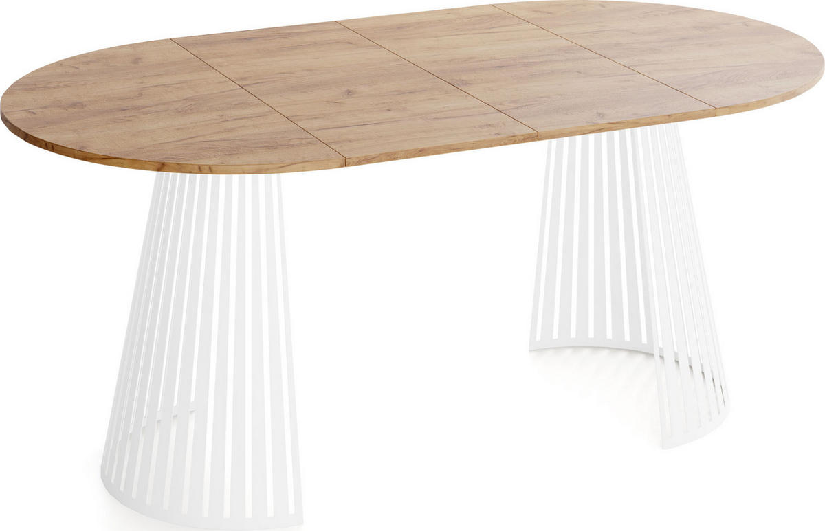 ESSTISCH Naro rund ausziehbar mit Weißem Lamellen-Metallgestell, Braun 120-200/120/76 cm - Eiche Wotan/Weiß, Holzwerkstoff/Metall (120/120/76cm) - WFL GROUP