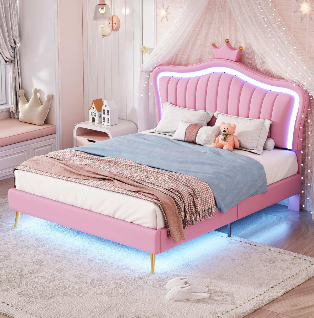 POLSTERBETT 140/200 cm rosa mit LED-Beleuchtung und höhenverstellbarem Kopfteil - Pink, Textil (140/200cm) - OKWISH