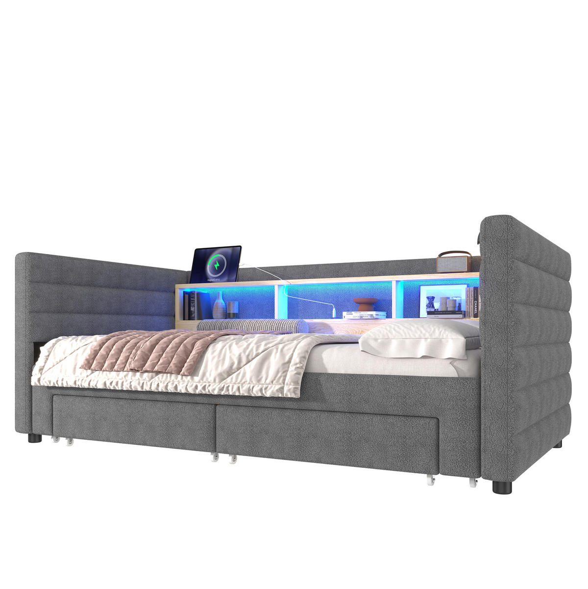 ČALÚNENÁ posteľ zo zamatu 90x190 cm sivá s výsuvným lôžkom, LED osvetlením, USB a úložným priestorom - sivá, textil (90/190cm) - Modfu