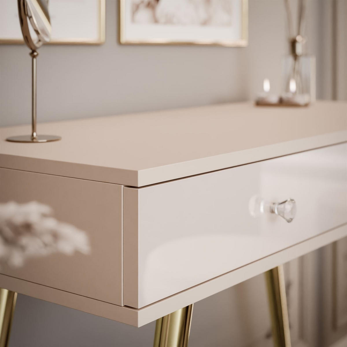 KONSOLE SIENNA KASCHMIR auf schrägen goldenen Beinen - Beige, Holzwerkstoff (100/81/42cm) - Lookway