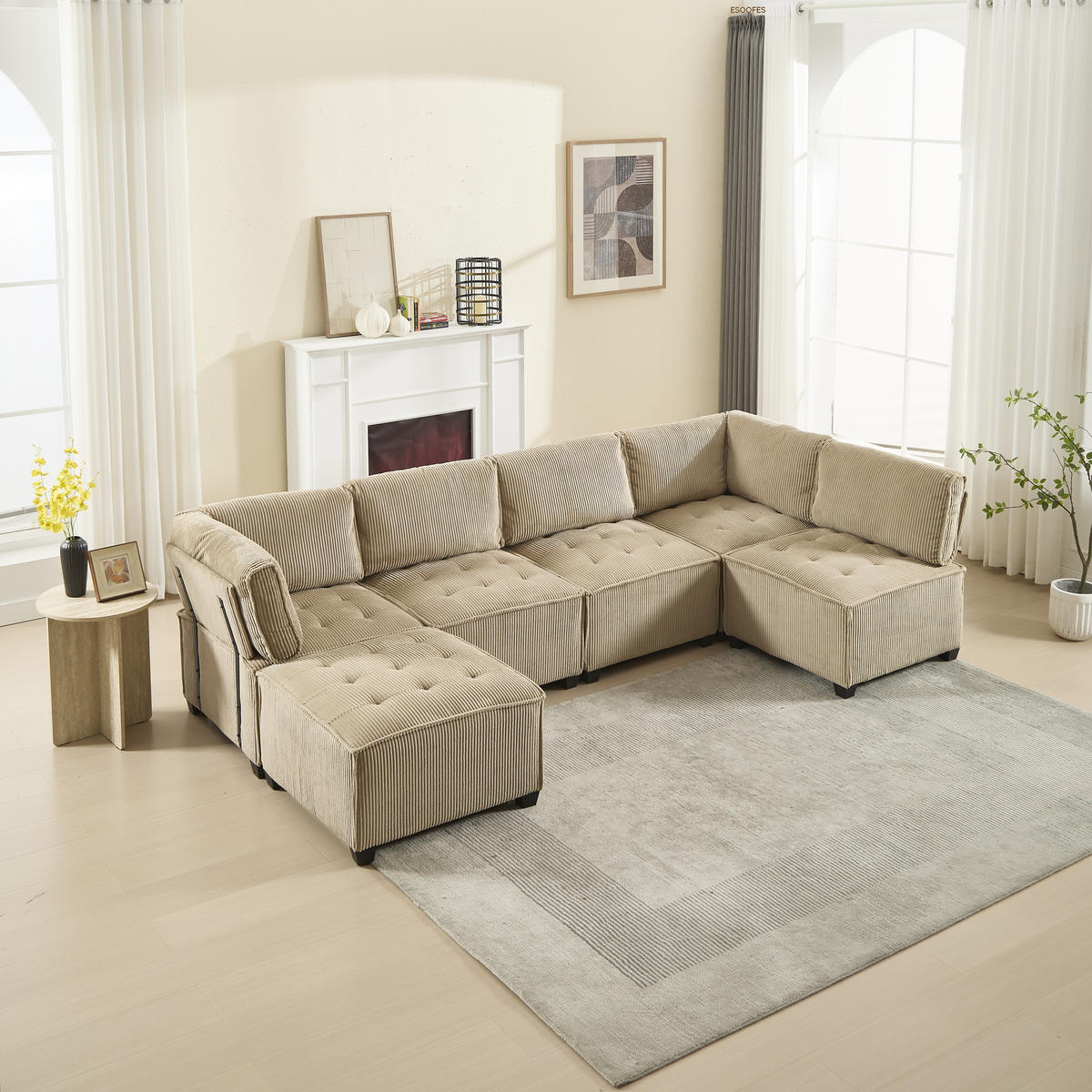 ECKSOFA 308/154/82 cm Khaki mit Stauraumtaschen und Fußbank - Sandfarben, Textil (308/154cm) - Oxeza