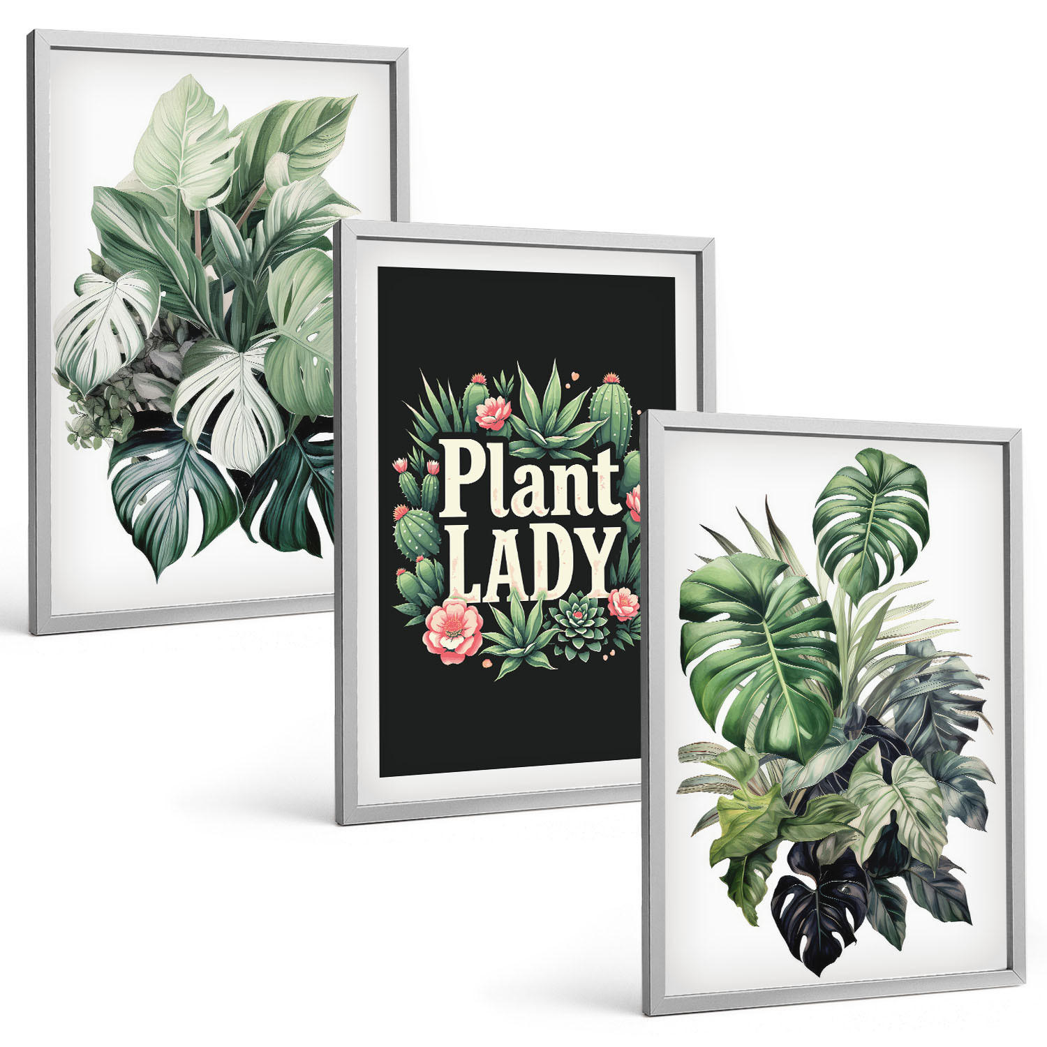 BILDER SET 3er Set - 40x60 cm Silberner Rahmen - Tropische Pflanzen, Pflanzenliebhaberin - Silberfarben, Kunststoff (40/60cm) - TULUP