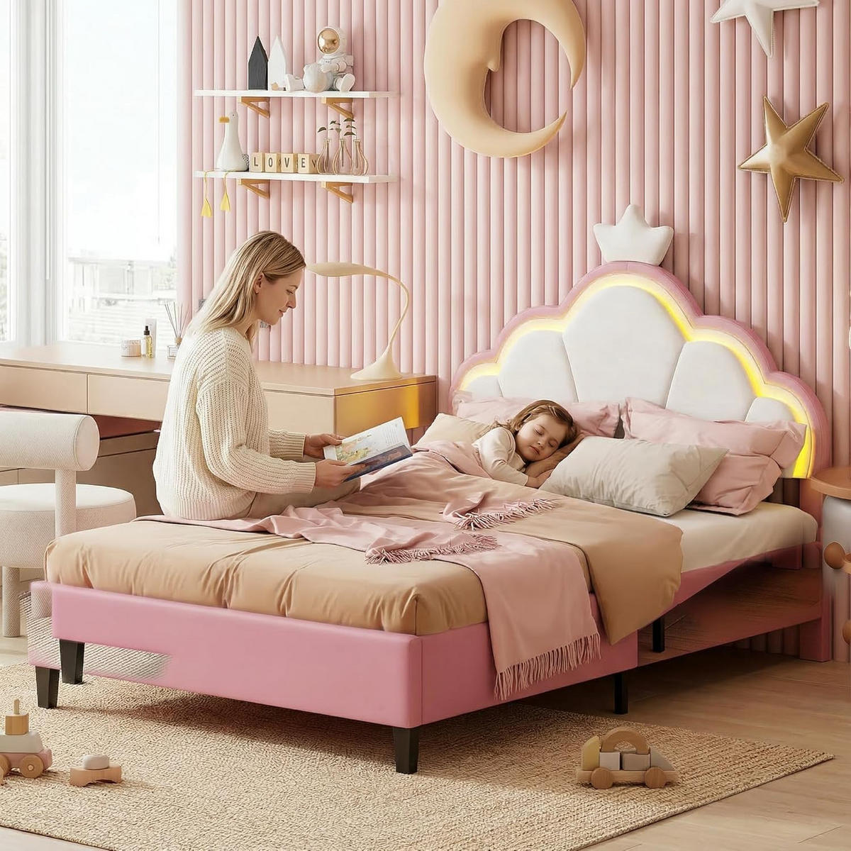 KINDERBETT 90x200 cm,Polsterbett mit Verstellbarem Kopfteil und LED Rosa - Rosa, Textil/Metall (90/200cm) - PARAFTA HOME