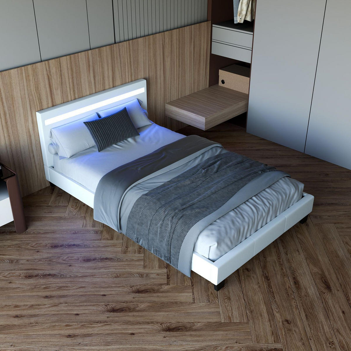 POLSTERBETT Paris mit Matratze und LED weiß 120x200cm - Weiß, Textil (120/200cm) - Juskys