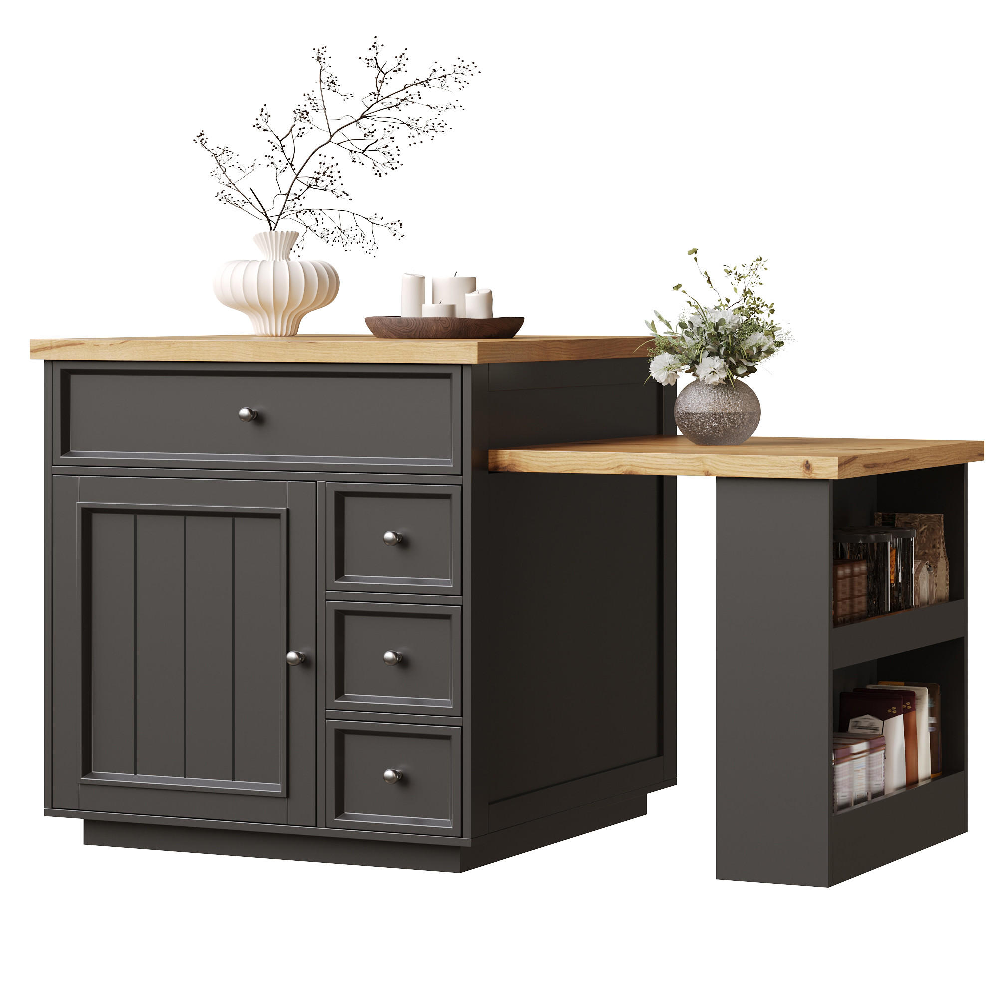 KÜCHENINSEL Ausziehbar Schubladen Rollen Holzoptik Schwarz - Schwarz, Holzwerkstoff (184/94/70cm) - FLIEKS