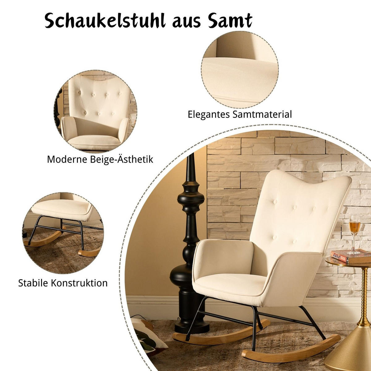 SCHAUKELSESSEL Samt Beige - Eichefarben/Beige, Holz/Textil (84/93/63cm) - Urban Meuble