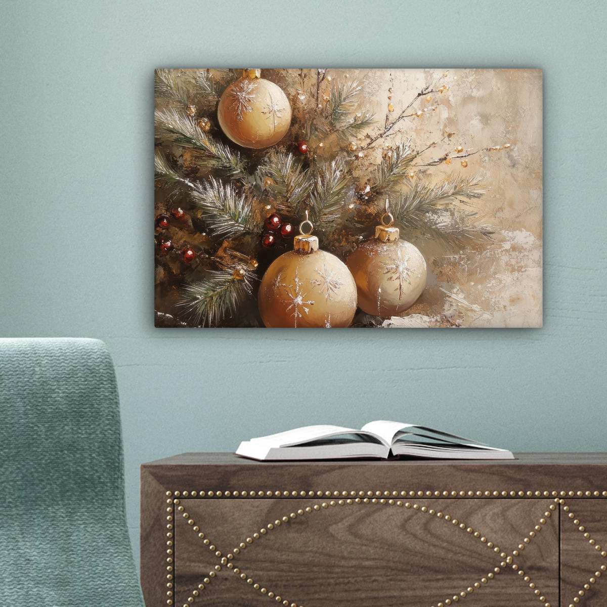 LEINWANDBILD Weihnachten - Kugeln - Beige - Gold Deko Schlafzimmer 30x20 cm - Goldfarben, Textil (30/20cm) - MuchoWow