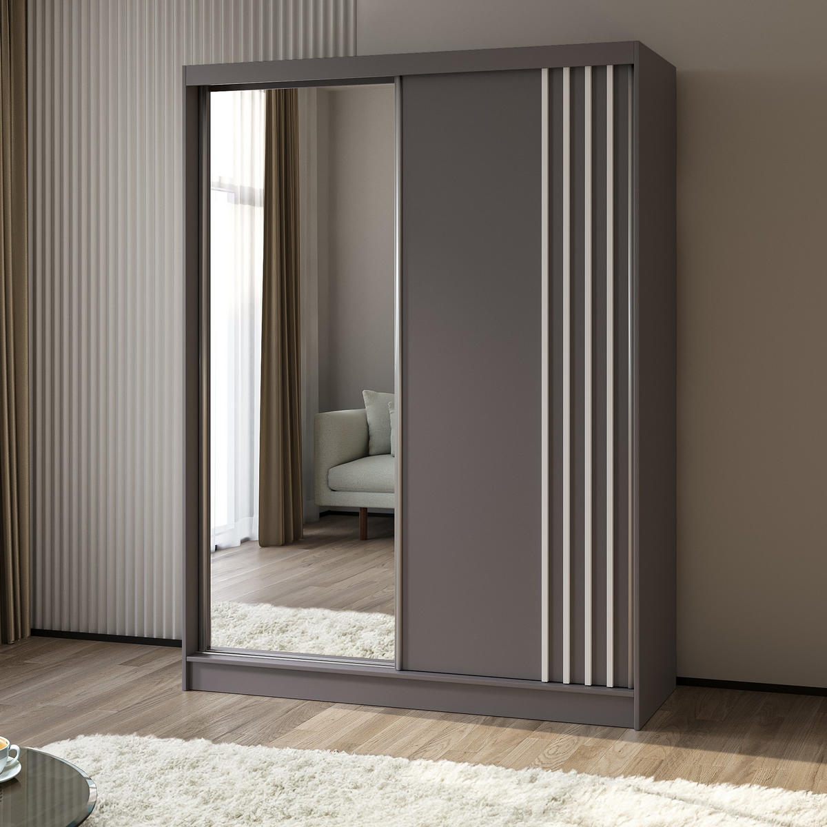 SCHWEBETÜRENSCHRANK NELVIA 160/216/61 cm 2-türig mit Spiegel Grau - Grau, Holzwerkstoff (160/216/61cm) - MASSENO