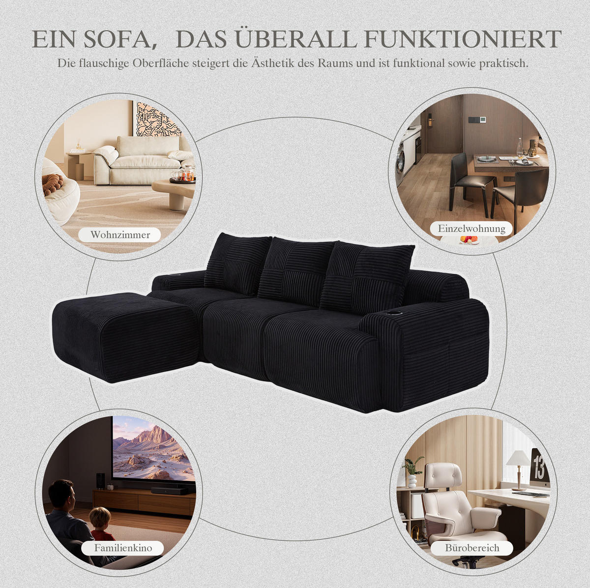 SOFA 268/174/80 cm in Schwarz mit Cupholder und Seitentasche - Schwarz, Textil (174/80/268cm) - Flora Grace