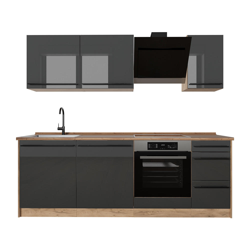 Vicco Küchenzeile Schwarz Hochglanz, Honigeiche 220x81.6x46 cm
