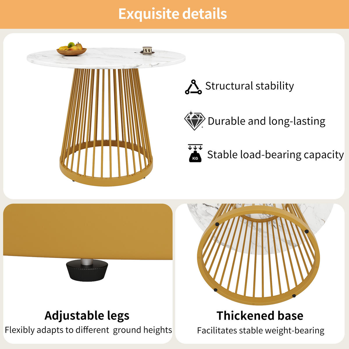 ESSTISCH Marmoroptik Weiß/Goldfarben 80/80/76 cm - Goldfarben, Holz (80/80/76cm) - PANGIVO
