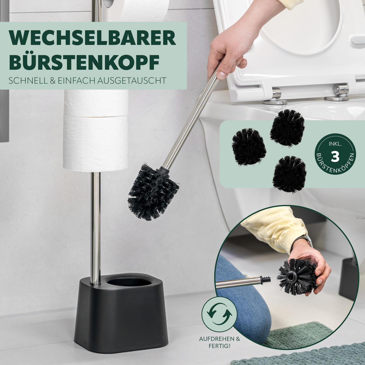 WC-GARNITUR, schwarz, Edelstahl rostfrei - Schwarz, Metall (15/65.5/11cm) - bremermann