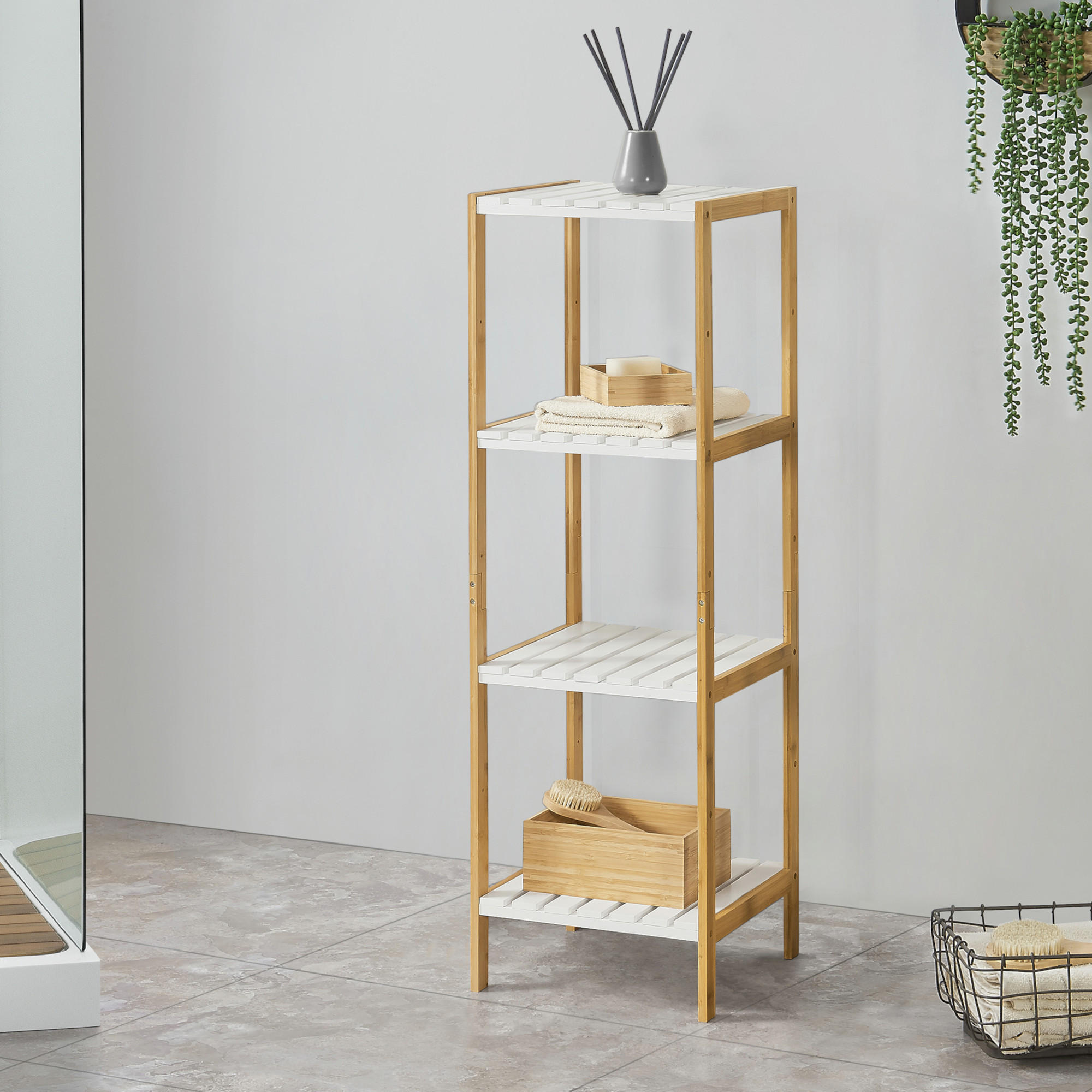 BADEZIMMERREGAL Balsfjord - Naturfarben/Weiß, Holz (33/110/34cm) - [en.casa]