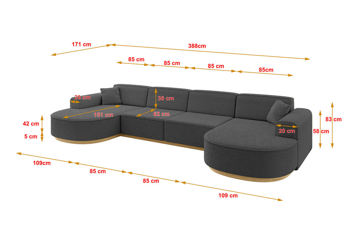 WOHNLANDSCHAFT MARI-U2-v2 - 388x171x83 cm Grau Bouclé - Grau, Holzwerkstoff/Textil (388/83/171cm) - ALTDECOR