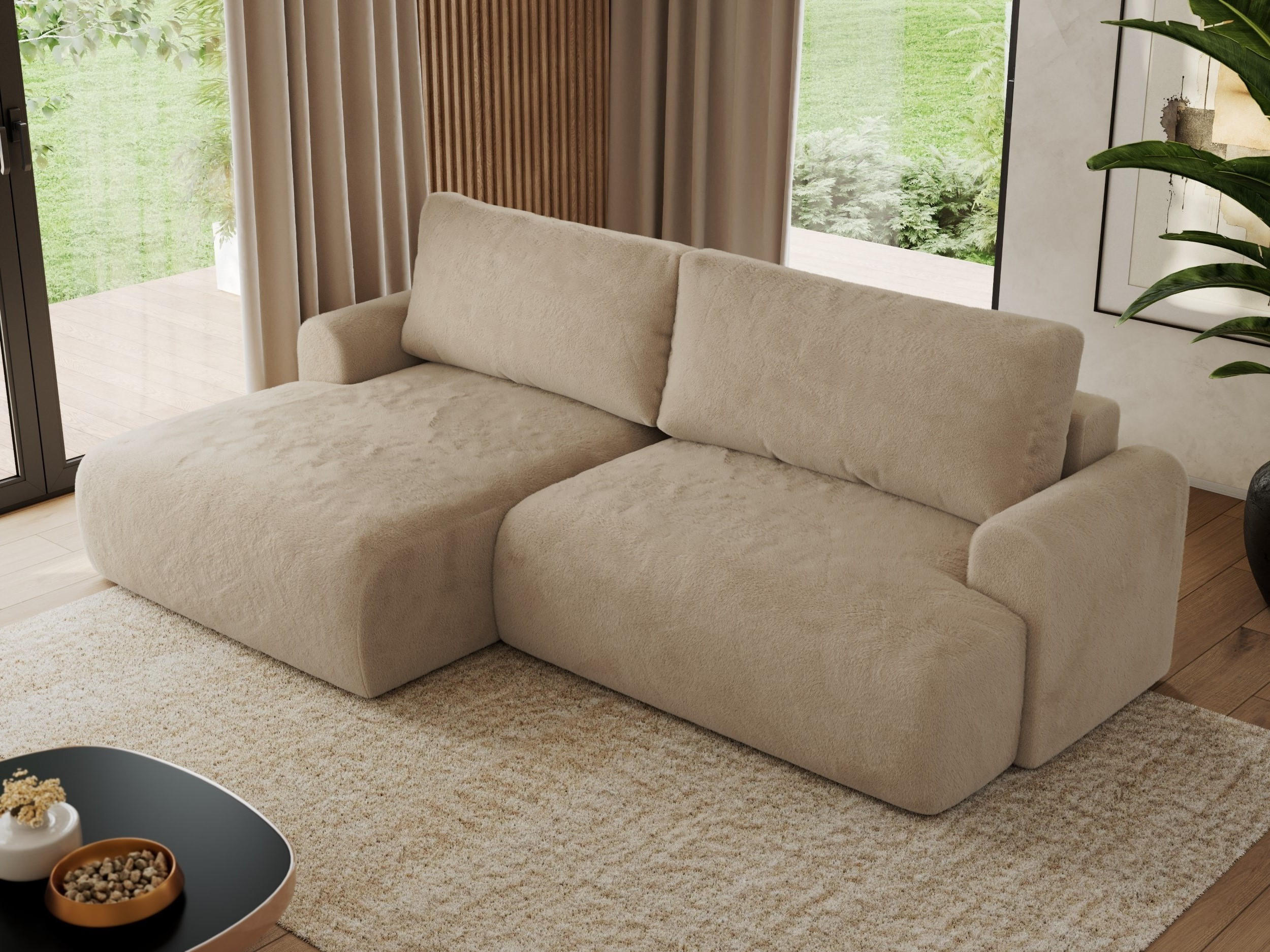 ECKSCHLAFSOFA TONO L Beige Plüsch - links - Beige/Schwarz, Kunststoff/Textil (260/150cm) - MKS