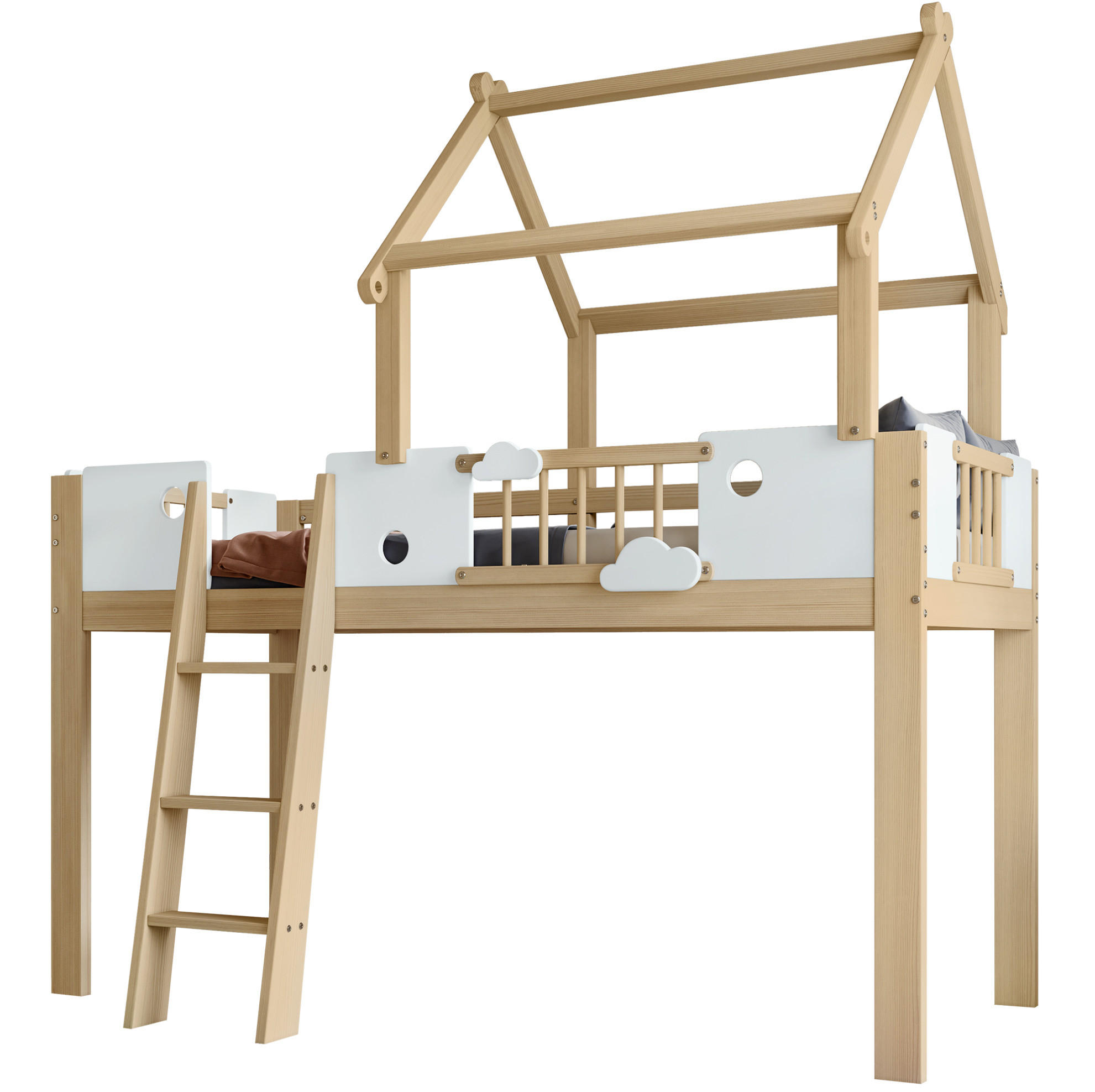 Modfu PATROVÁ postel z borovice a MDF 90x200 cm bílá/přírodní se střechou, zábranou a třístupňovým žebříkem
