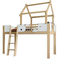 HOCHBETT aus Kiefer und MDF 90x200 cm Weiß/Natur mit Dachdesign, Fallschutz und dreistufiger Schrägleiter - Naturfarben, Holzwerkstoff (90/200cm) - Modfu