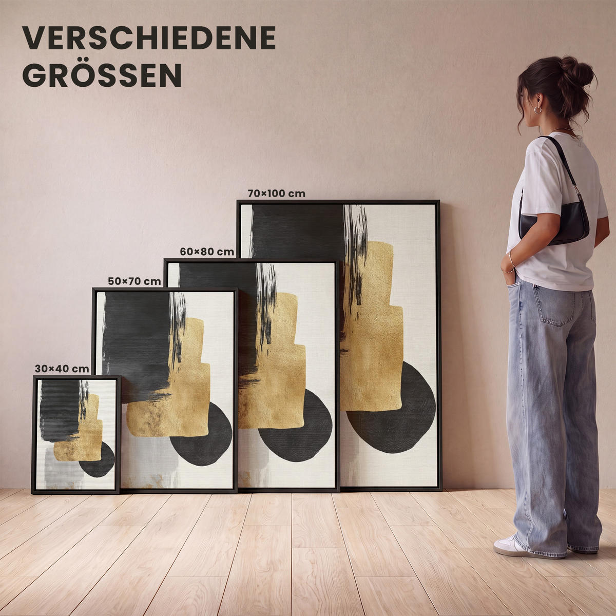 LEINWAND Bilder mit Rahmen - Gold - Rechtecke - Kreise - Abstrakt - 30x40 - Weiß, Textil (30/40cm) - MuchoWow