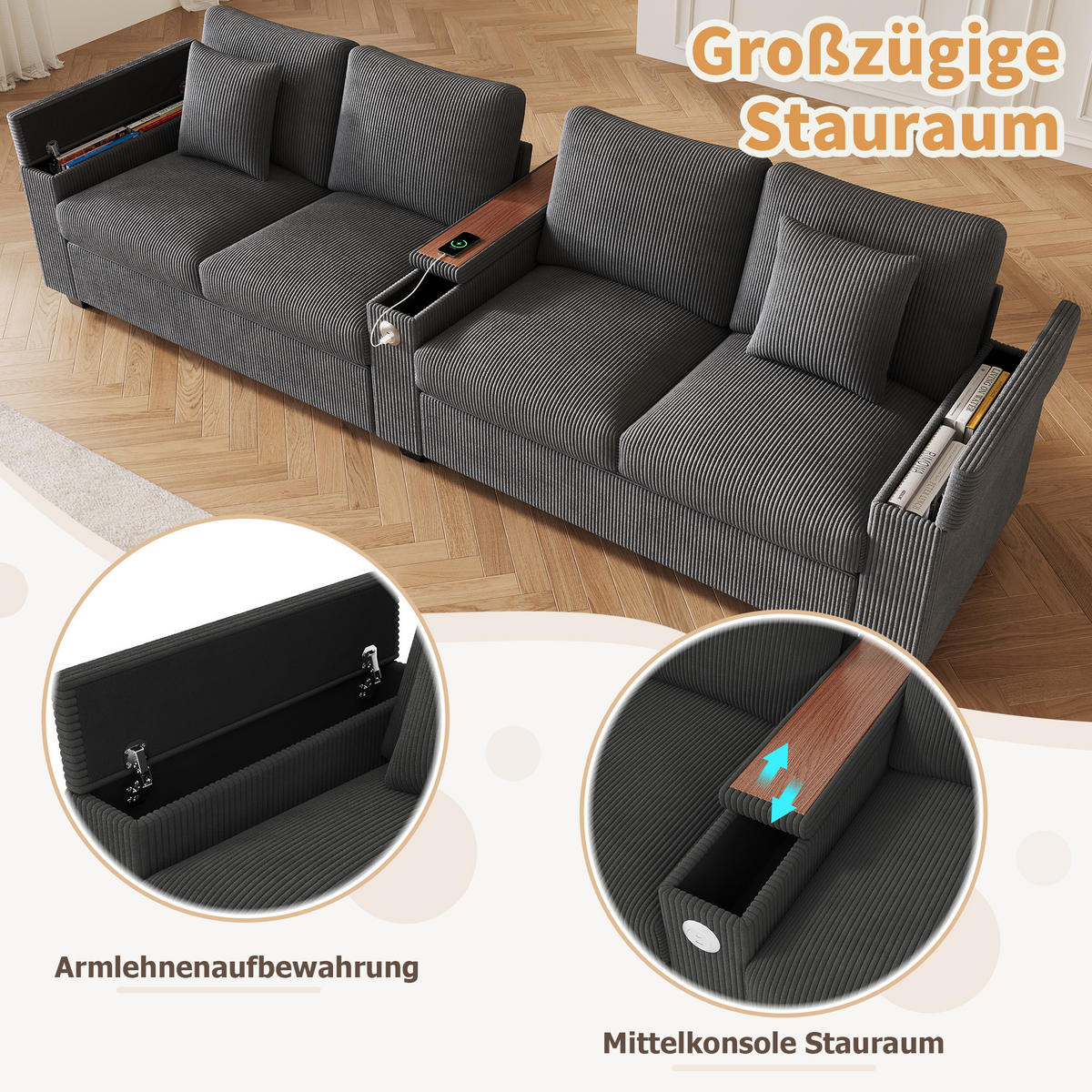 SOFA 4-Sitzer Cord Grau mit USB, USB-C und Stauraum - Grau, Holzwerkstoff/Kunststoff (299/82.7/80cm) - WISHDOR