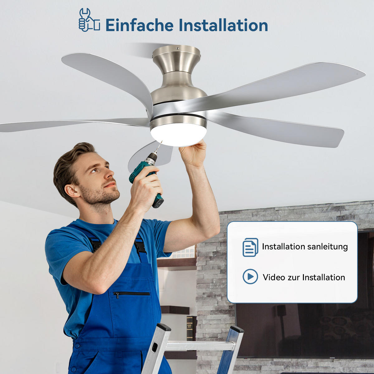 DECKENVENTILATOR 132cm Direktmontage LED Licht 5 Flügel DC Motor - Weiß, Kunststoff (132/132/30.5cm) - CASIVA