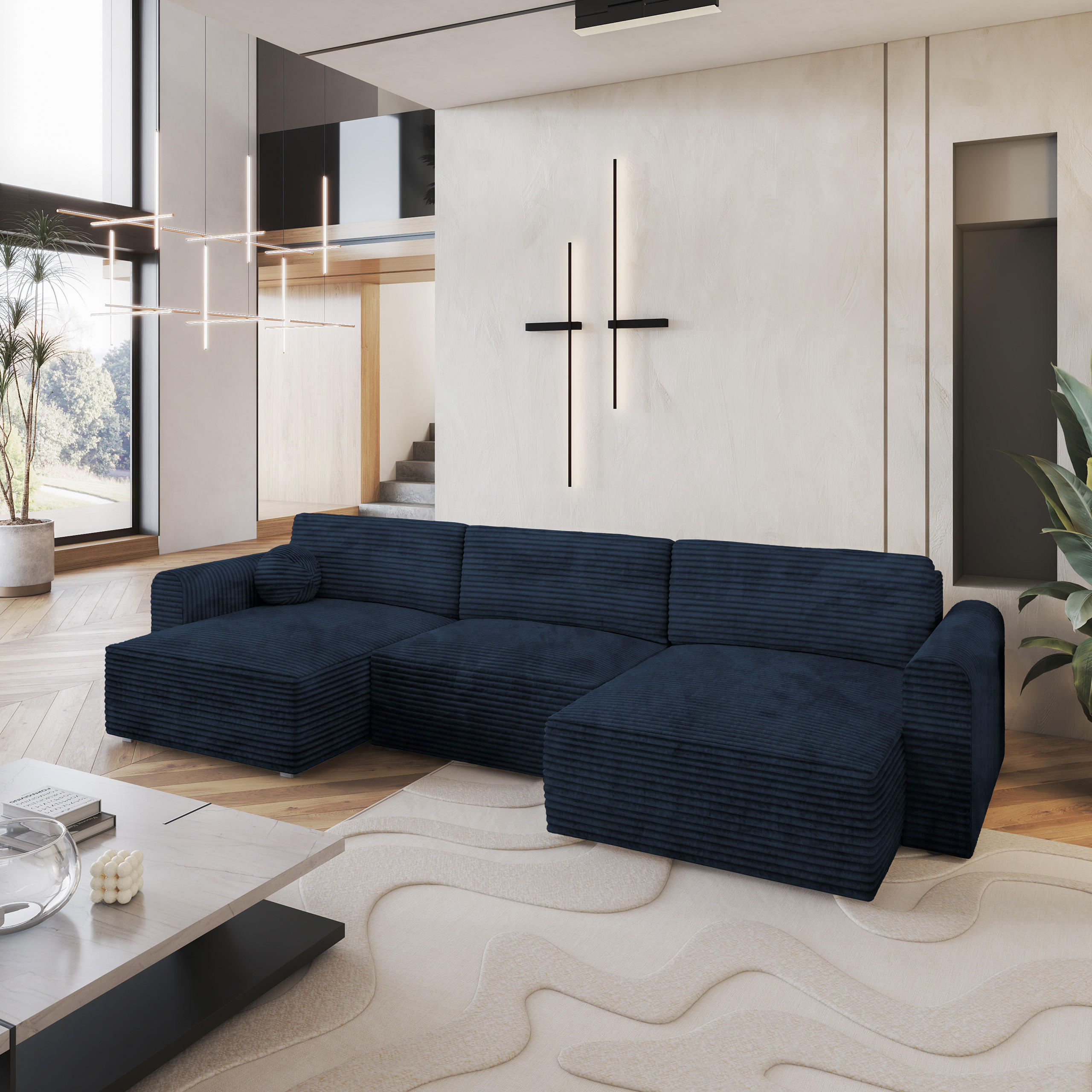 WOHNLANDSCHAFT FENTO Blau Kordstoff mit Schlaffunktion - Blau, Holz (347/90/148cm) - MASSENO