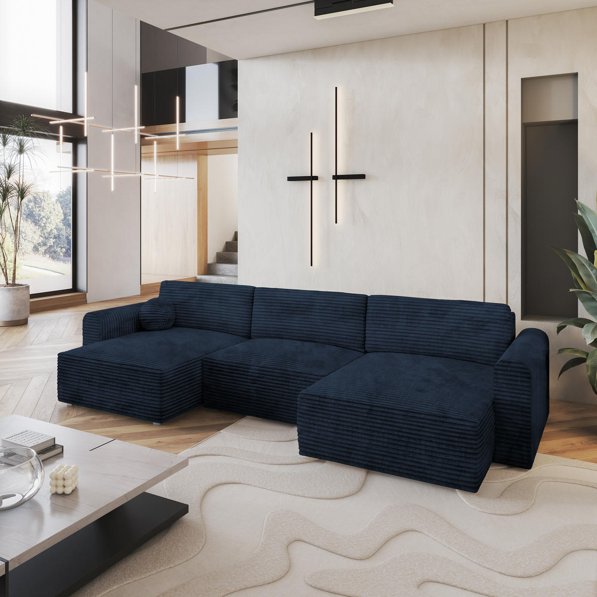 WOHNLANDSCHAFT FENTO Blau Kordstoff mit Schlaffunktion - Blau, Holz (347/90/148cm) - MASSENO