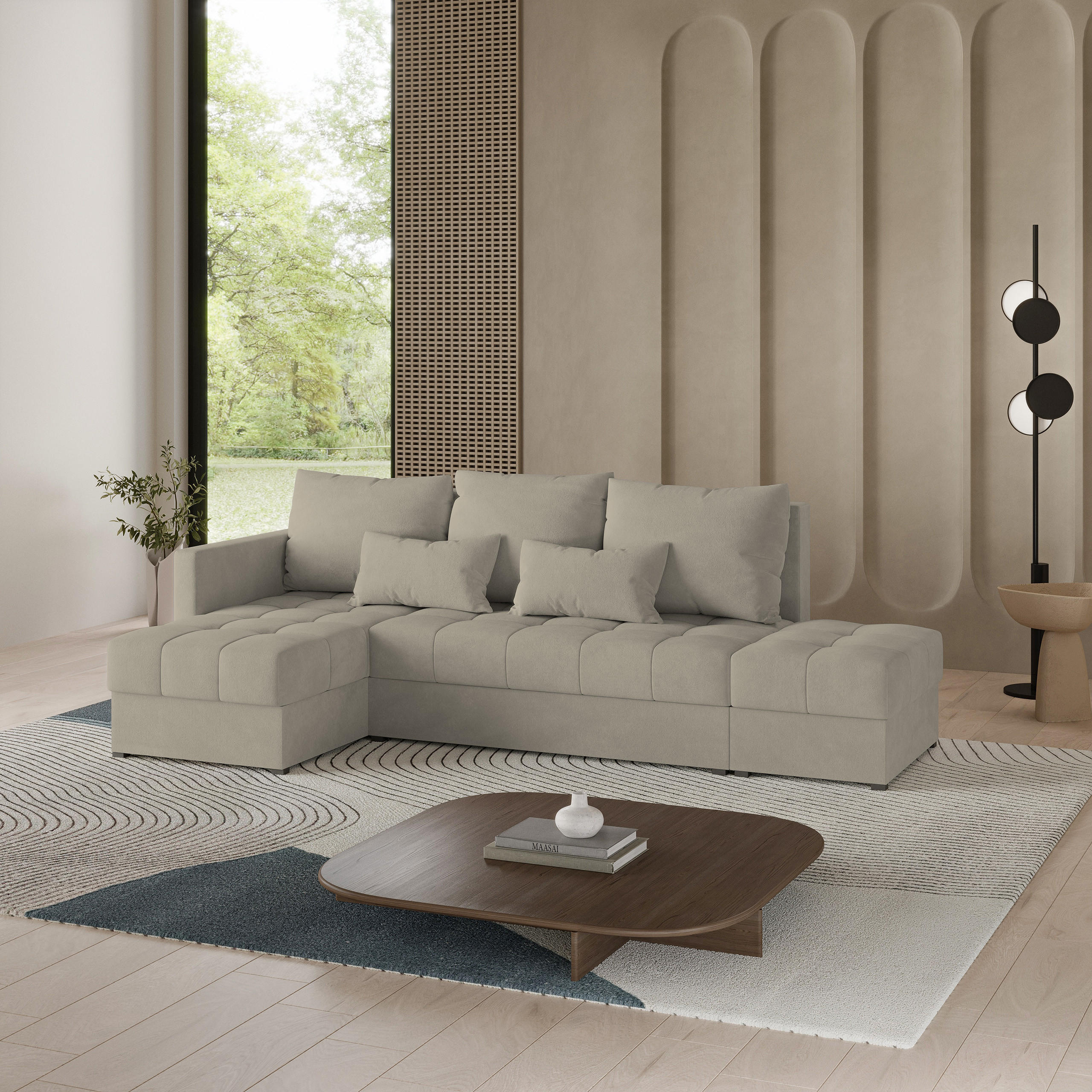 ECKSOFA LUMARI L-S Beige Plüsch-Stoff mit Schlaffunktion - Beige, Holz (262/143cm) - MASSENO