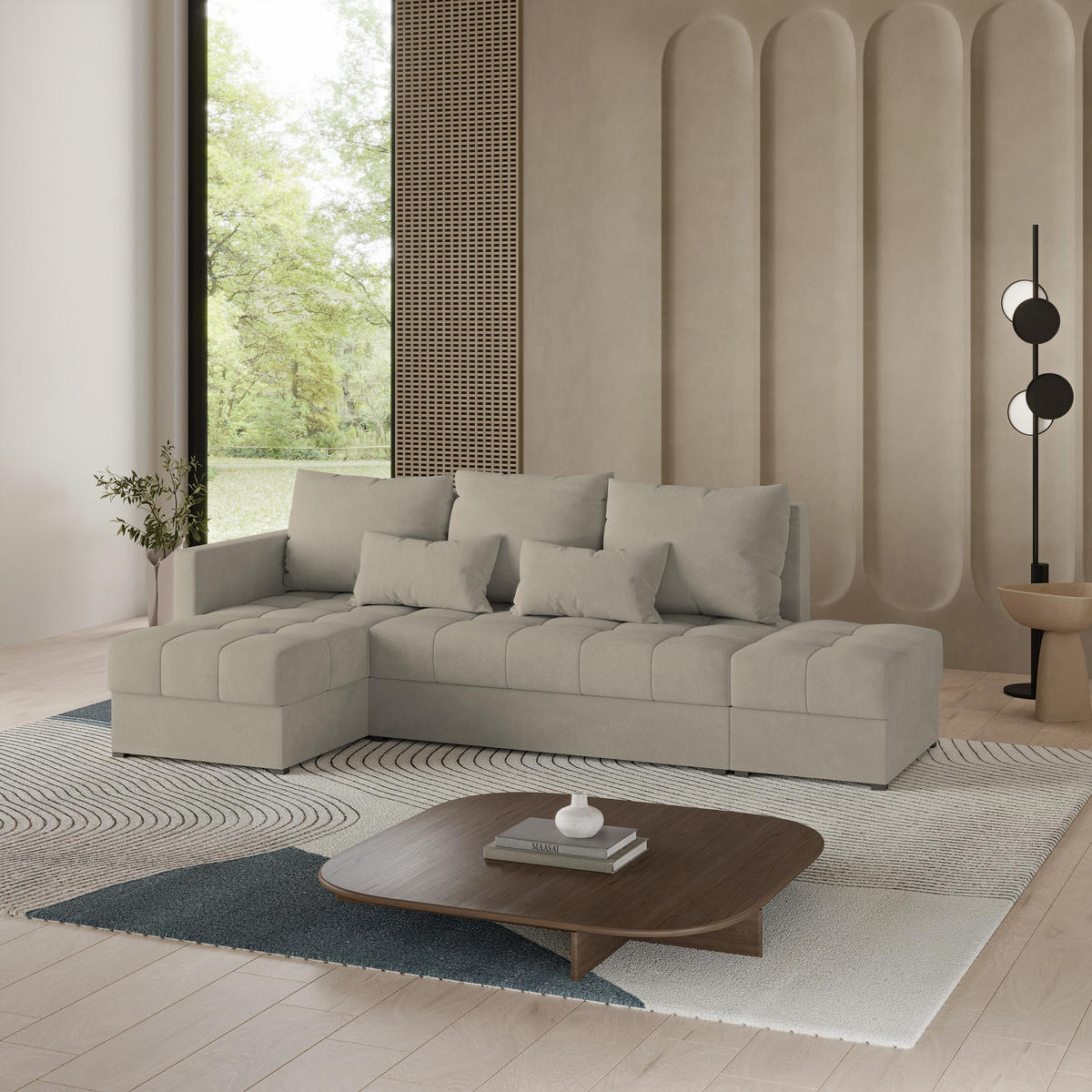 ECKSOFA LUMARI L-S Beige Plüsch-Stoff mit Schlaffunktion - Beige, Holz (262/143cm) - MASSENO
