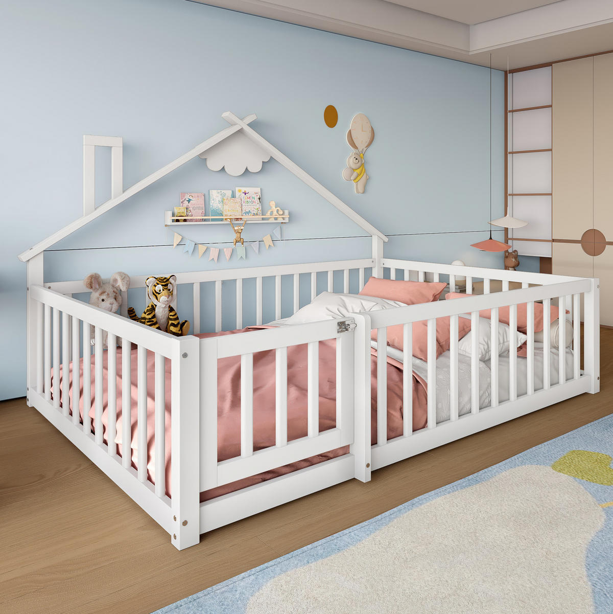 KINDERBETT Hausbett 140/190 cm, Weiß mit Geländer - Weiß, Holz (140/190cm) - MIVRAY
