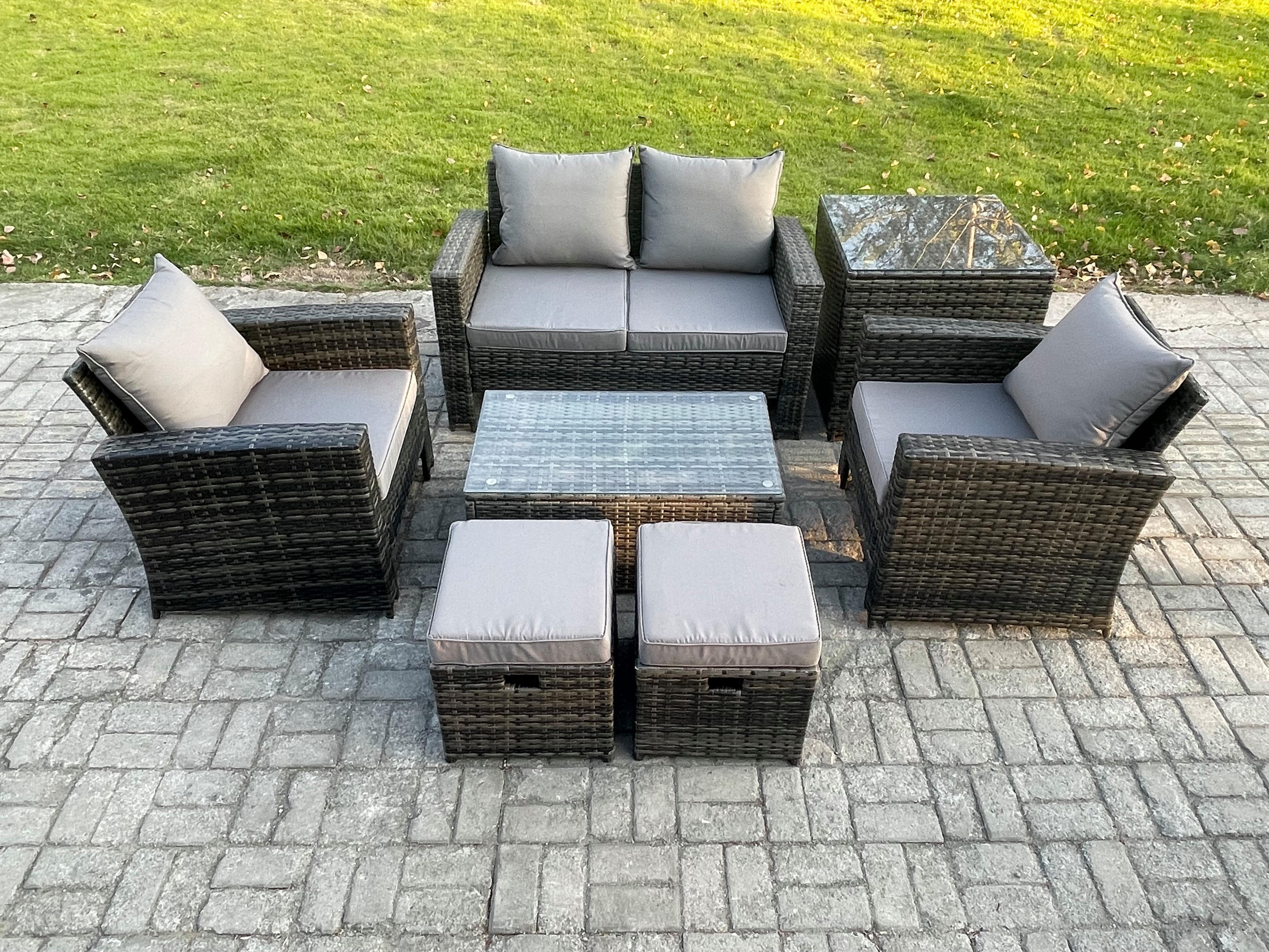 GARTENSOFA mit hoher Rückenlehne Polyrattan Dunkelgrau 9-Sitzer - Dunkelgrau, Metall - Fimous