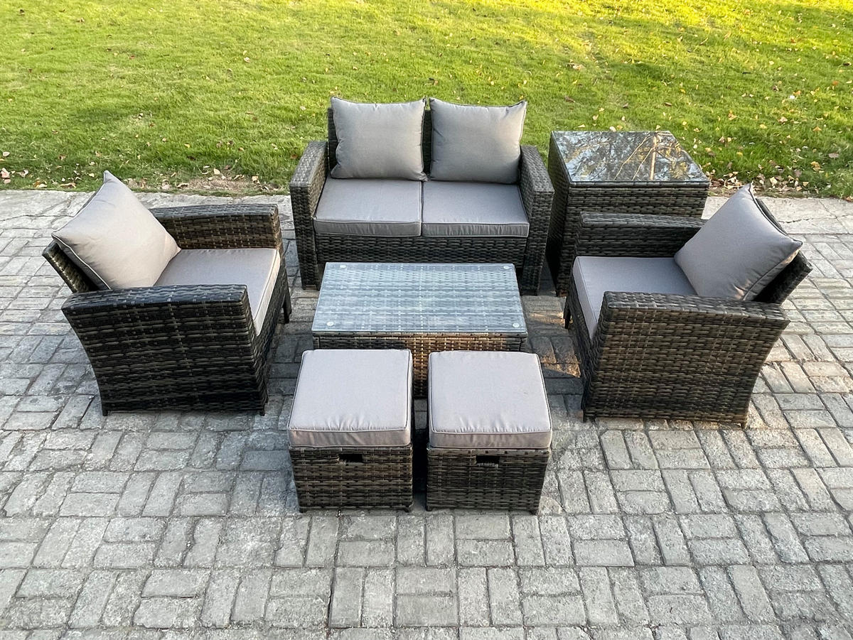GARTENSOFA mit hoher Rückenlehne Polyrattan Dunkelgrau 9-Sitzer - Dunkelgrau, Metall - Fimous