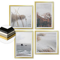WANDBILDER 4er Set - 50x50 cm & 40x60 cm Goldrahmen - Abstrakte Wellen, graue Pastellfarben - Goldfarben, Kunststoff (50/50cm) - ArtPrintCave