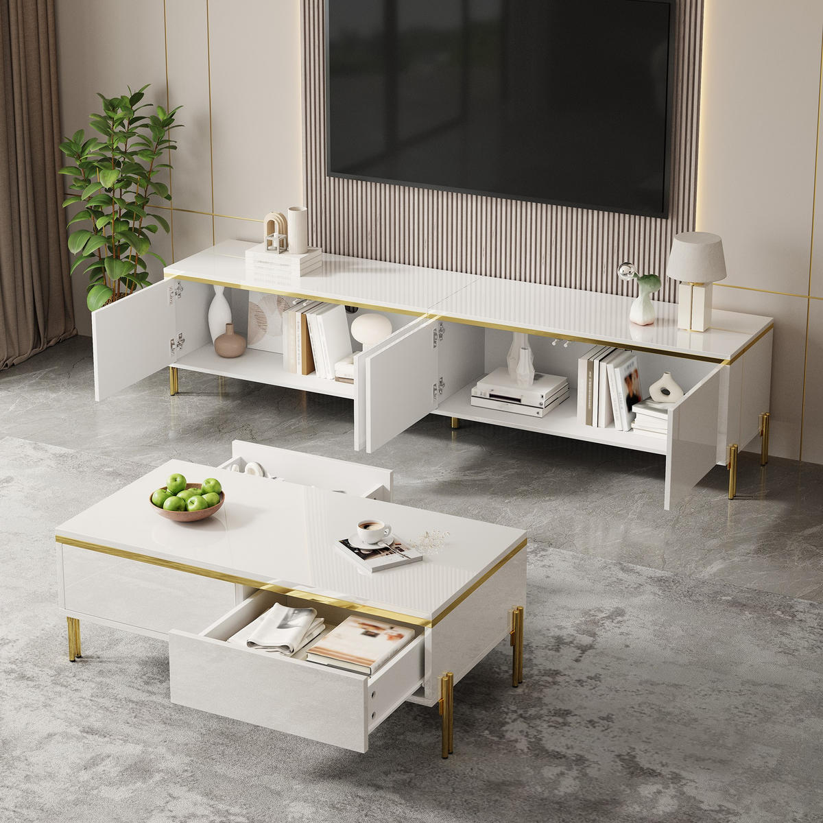 TV- & COUCHTISCH-SET Hochglanz Goldkante Stauraum modern Luxus - Weiß, Holzwerkstoff (38/50/170cm) - FLIEKS