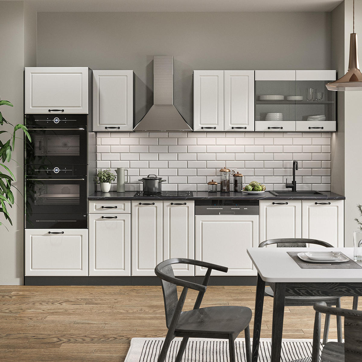 KÜCHENZEILE R-Line Weiß Landhaus/Anthrazit 300 cm mit Hochschrank AP Eiche - Anthrazit/Creme, Holzwerkstoff (300/81.6/60cm) - Vicco