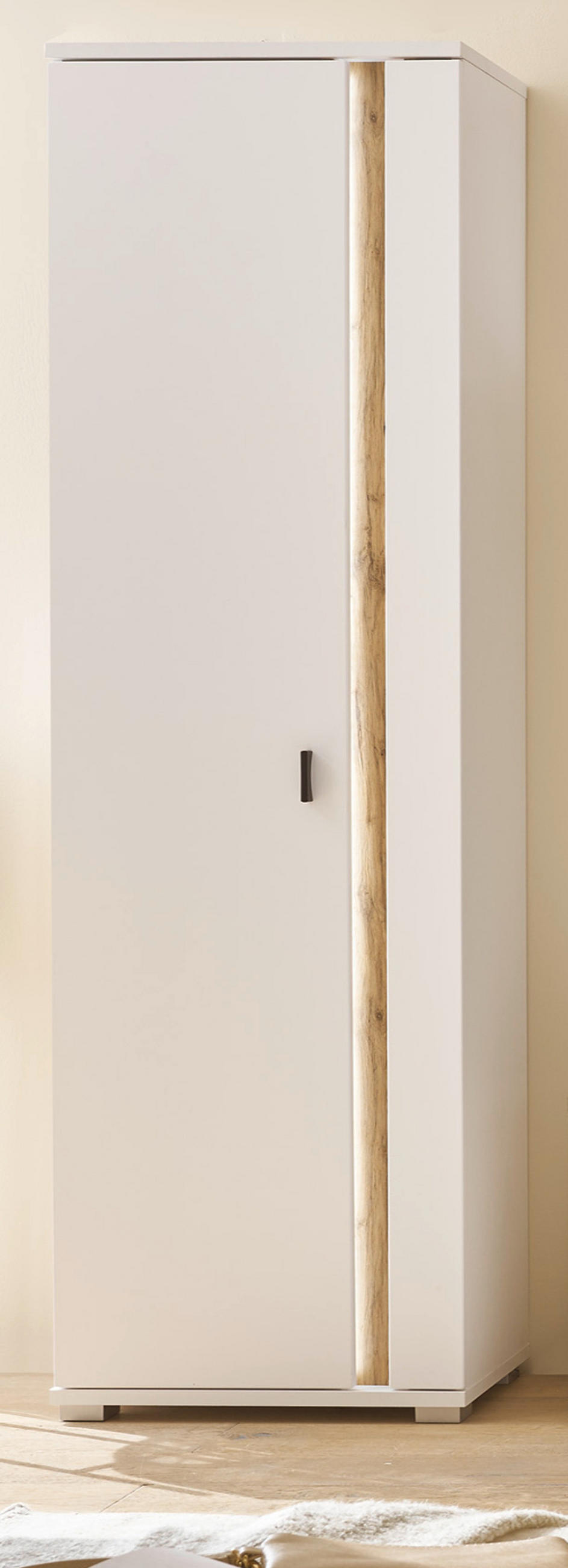 STAURAUMSCHRANK weiß matt, Eiche Wotan 55 x 200 cm, Mehrzweckschrank inklusive Frontbeleuchtung - Silberfarben/Eiche Wotan, Holzwerkstoff/Kunststoff (55/200/35cm) - Furn.Design