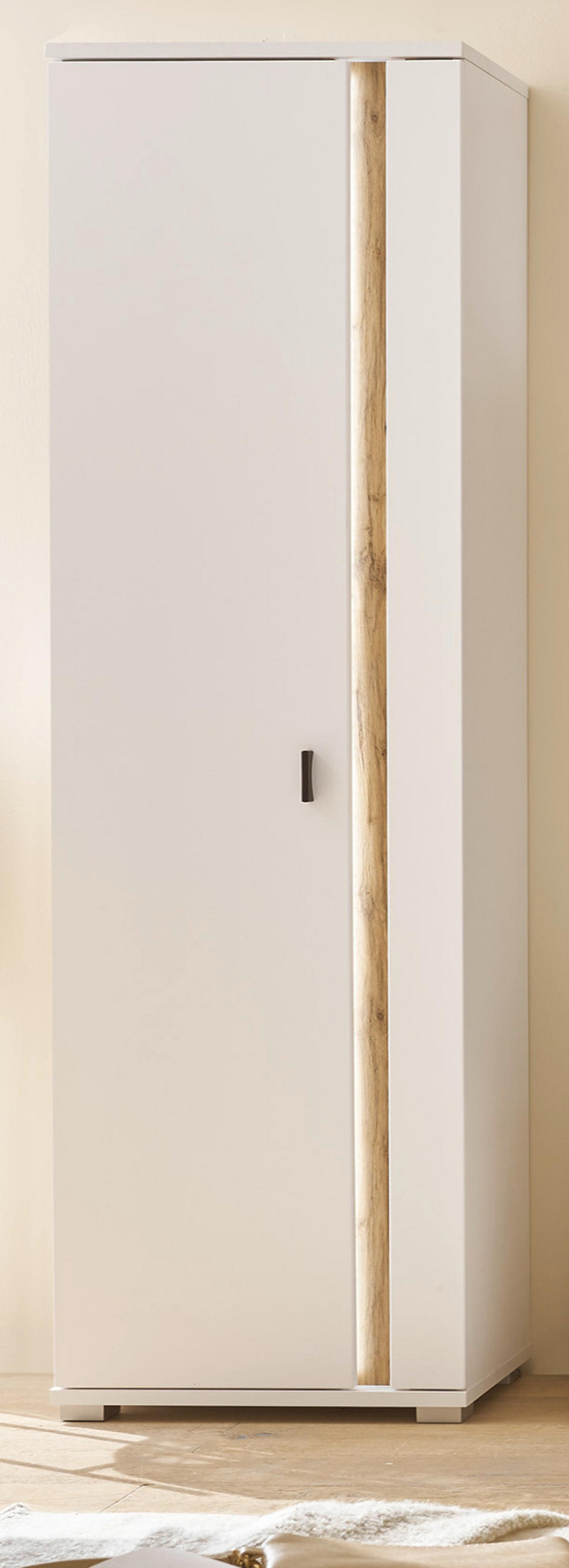 STAURAUMSCHRANK weiß matt, Eiche Wotan 55 x 200 cm, Mehrzweckschrank inklusive Frontbeleuchtung - Silberfarben/Eiche Wotan, Holzwerkstoff/Kunststoff (55/200/35cm) - Furn.Design
