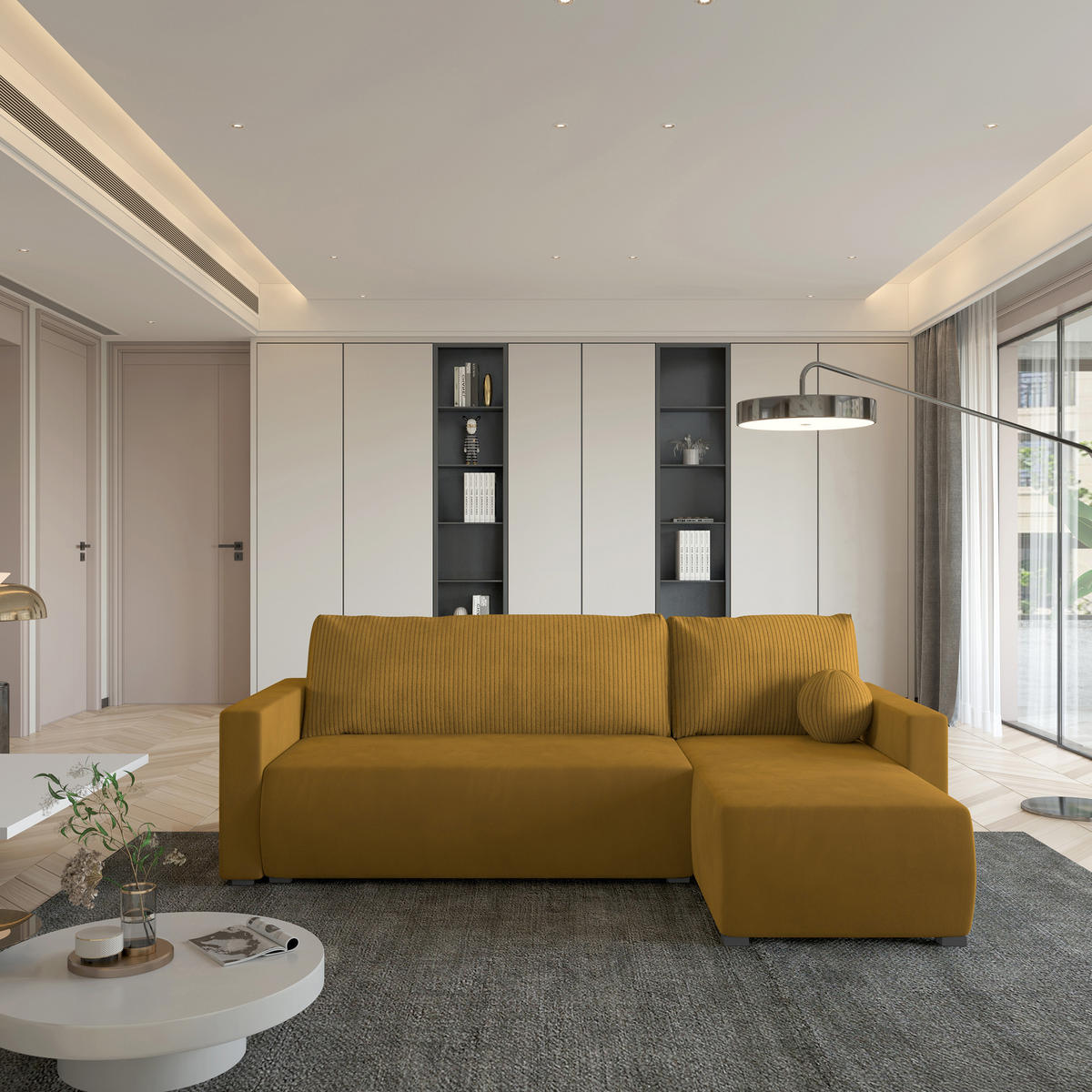 ECKSOFA SORGE Gelb Plüsch-Stoff mit Schlaffunktion - Gelb, Holz (220/143cm) - MASSENO